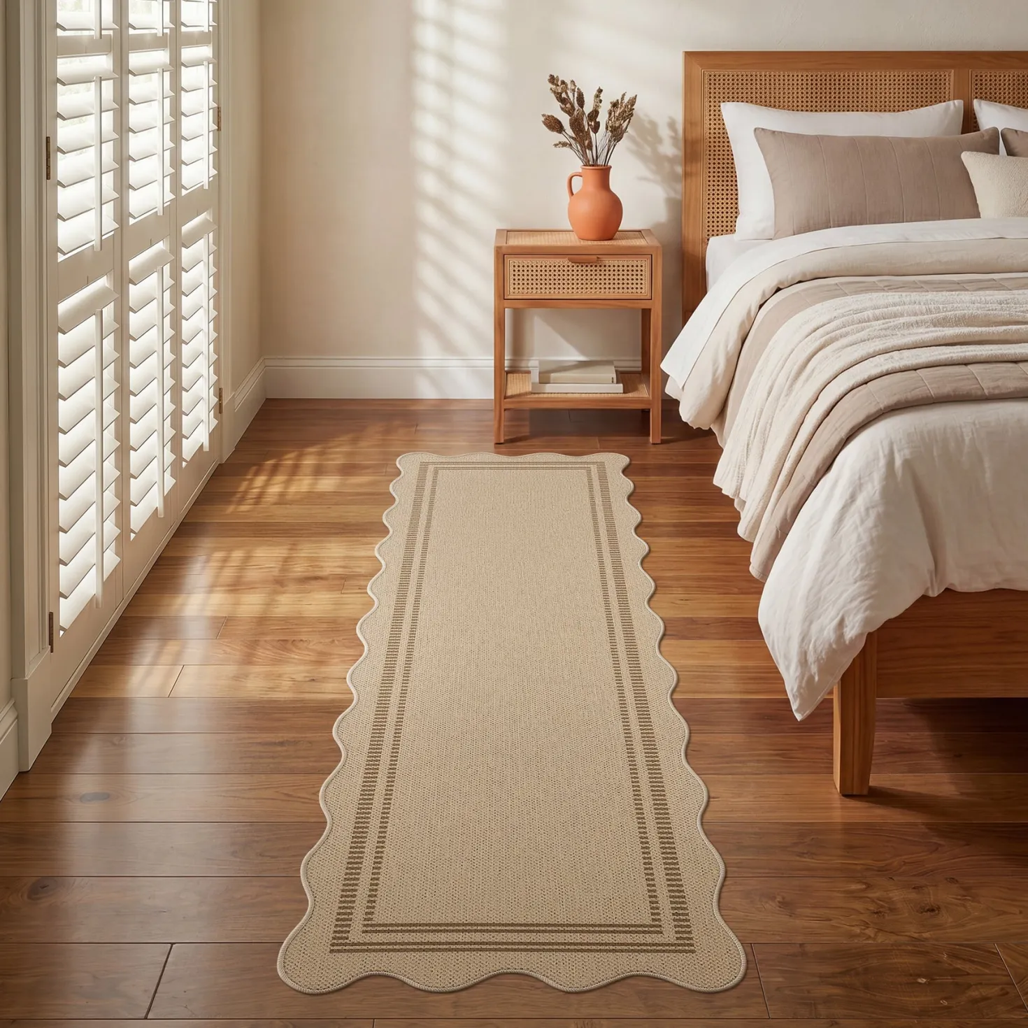 2x6/3x5/5x7 Scalloped Easy Jute Area Rugs, Tan/Checkered Washable Hallway Runner Non Slip Carpet, Oeko-Tex Certified