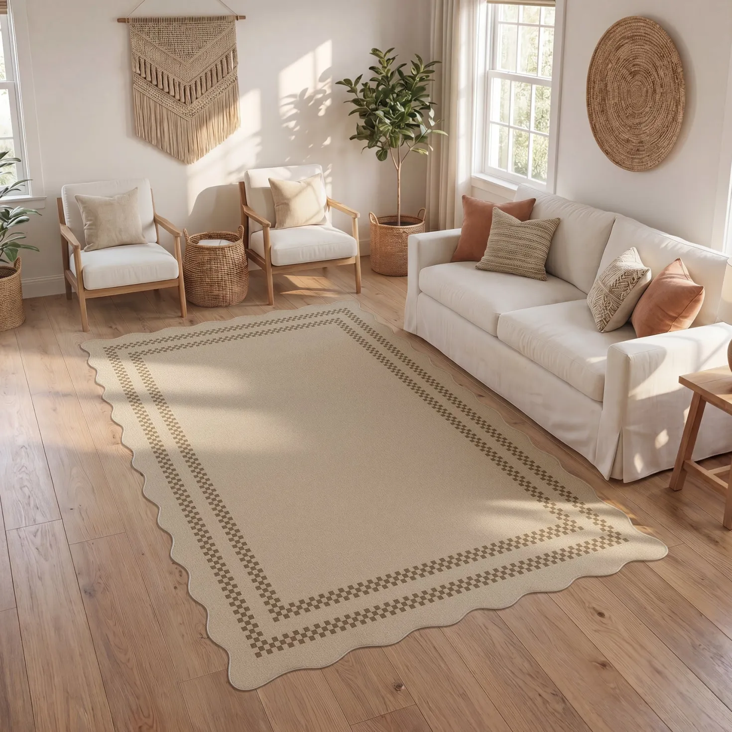 2x6/3x5/5x7 Scalloped Easy Jute Area Rugs, Tan/Checkered Washable Hallway Runner Non Slip Carpet, Oeko-Tex Certified