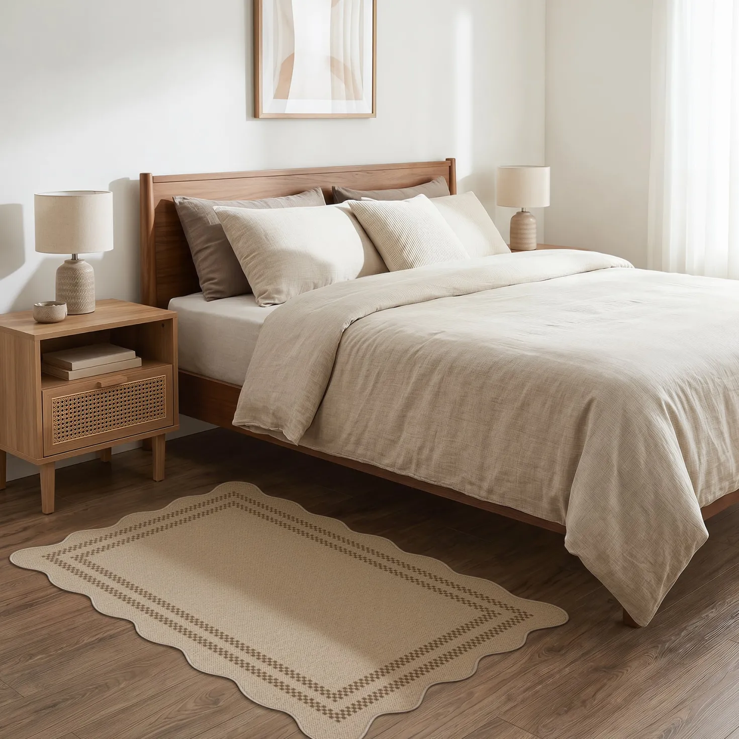 2x6/3x5/5x7 Scalloped Easy Jute Area Rugs, Tan/Checkered Washable Hallway Runner Non Slip Carpet, Oeko-Tex Certified