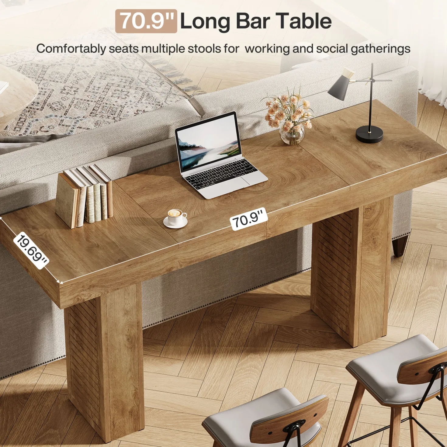 70.9" Bar Table, Counter Height Pub Table with Sturdy Pedestal Base