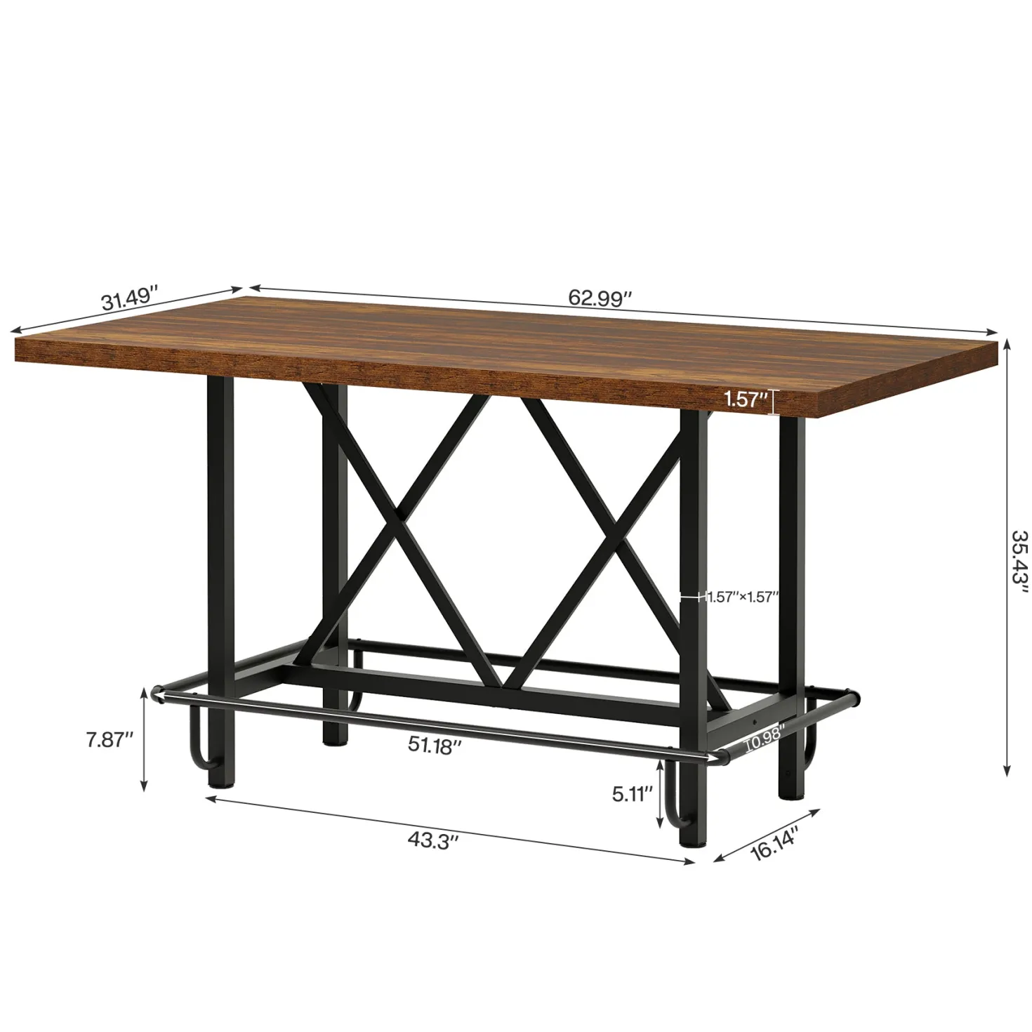 62.99" Bar Table, Farmhouse Pub Bar Counter Height Table(without Footrest)