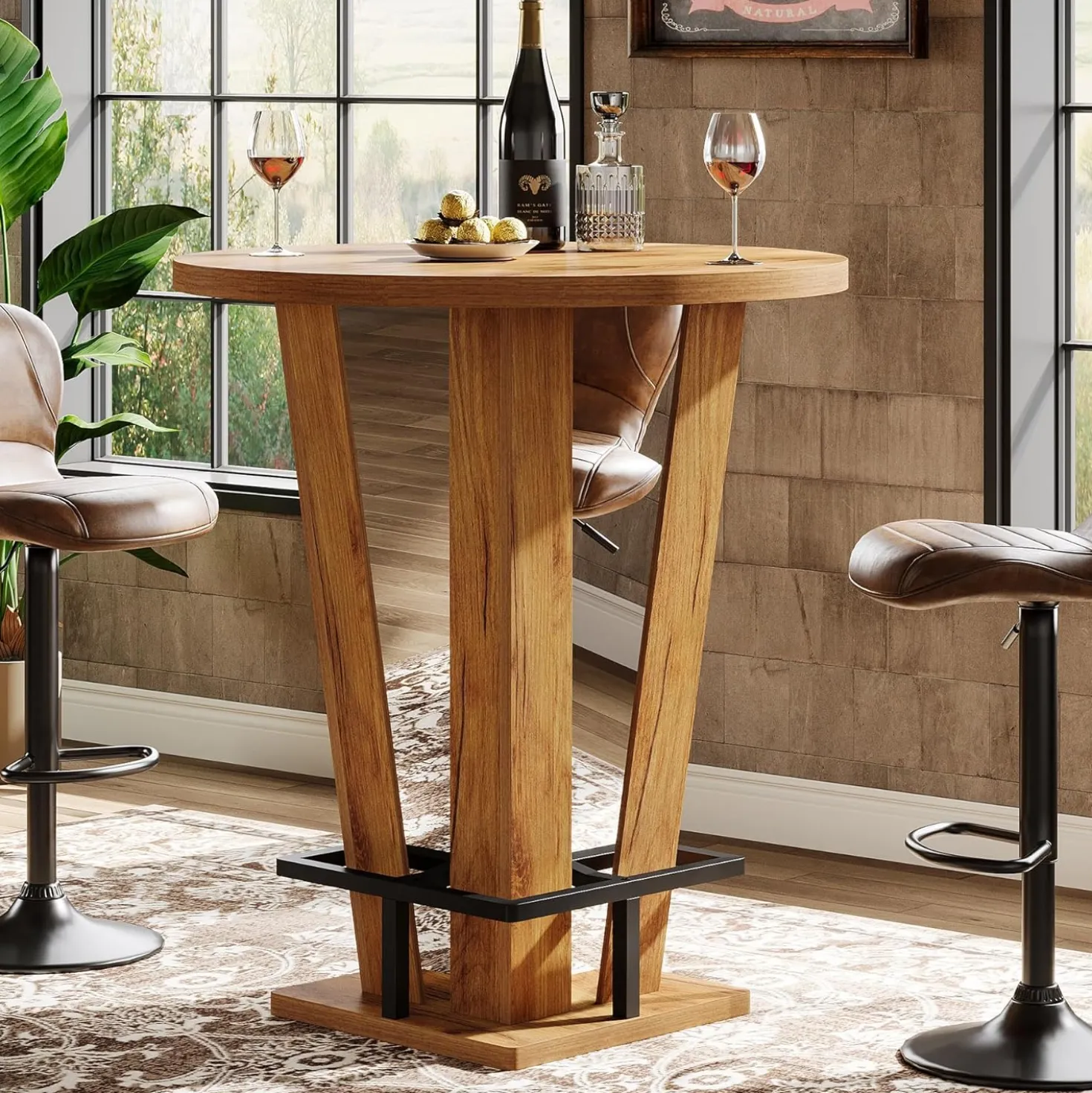 31.5" Bar Table, High Top Cocktail Bistro Pub Table with Metal Footrest