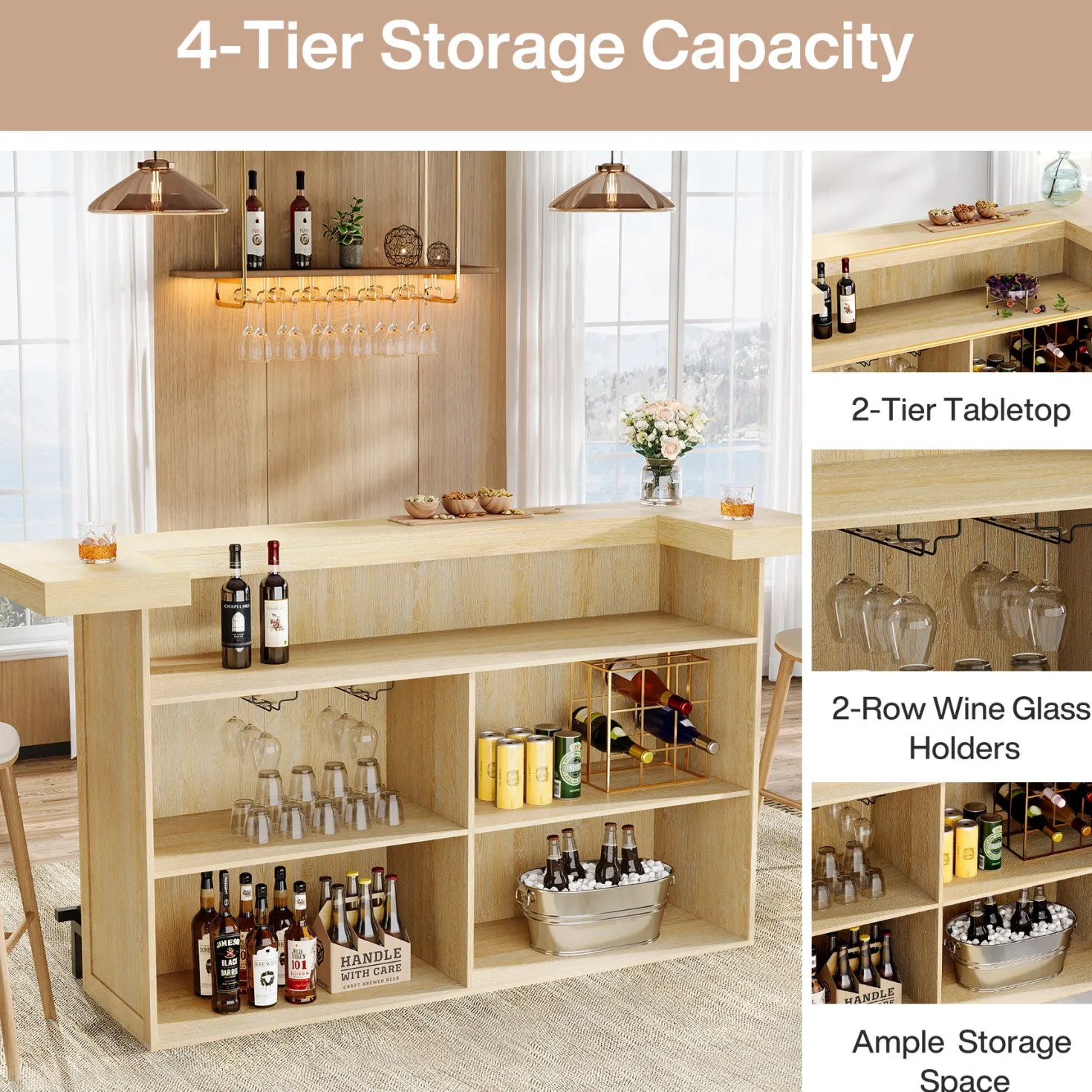70.9" Bar Table, Modern Liquor Cabinet with 4-Tier Storage Shelves