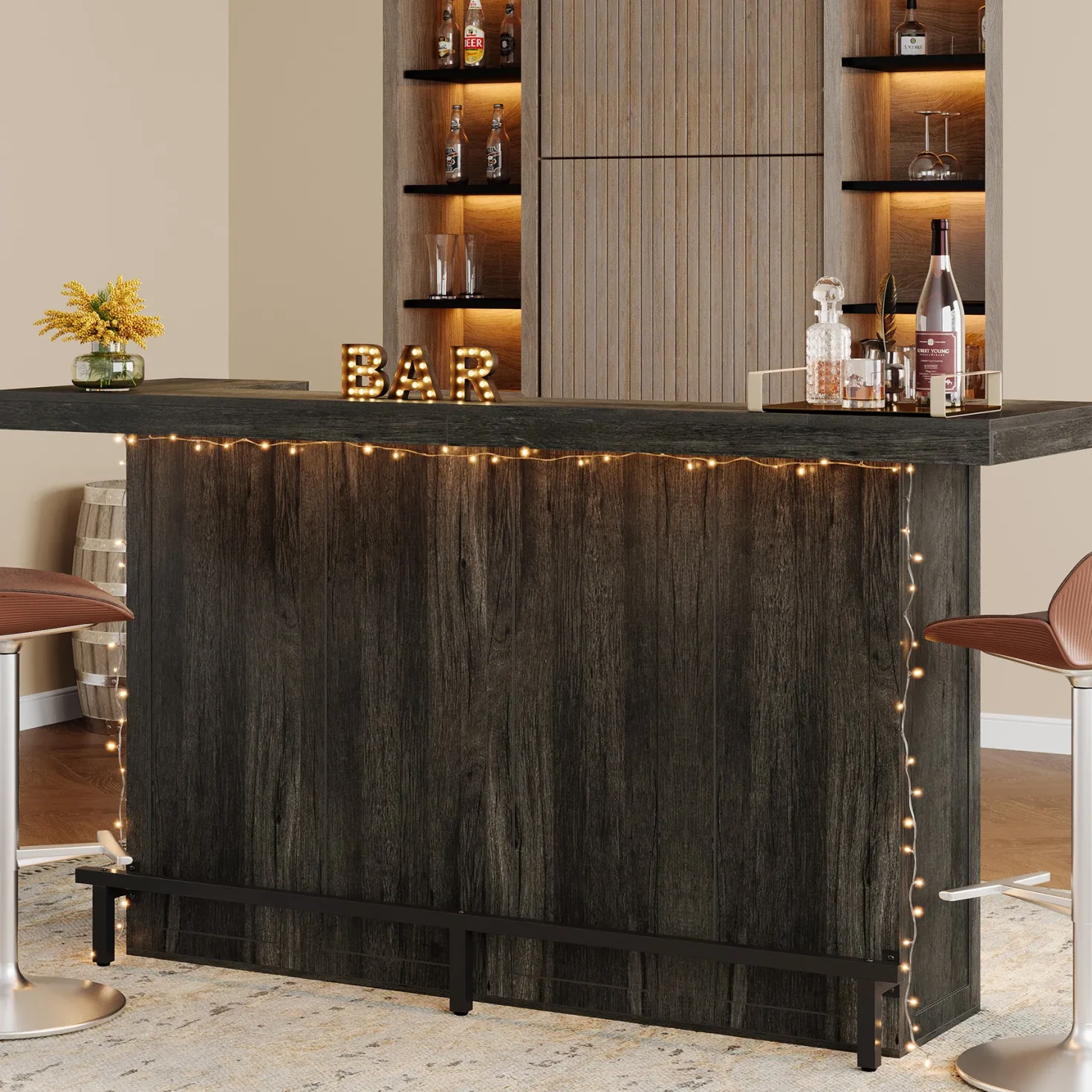 70.9" Bar Table, Modern Liquor Cabinet with 4-Tier Storage Shelves