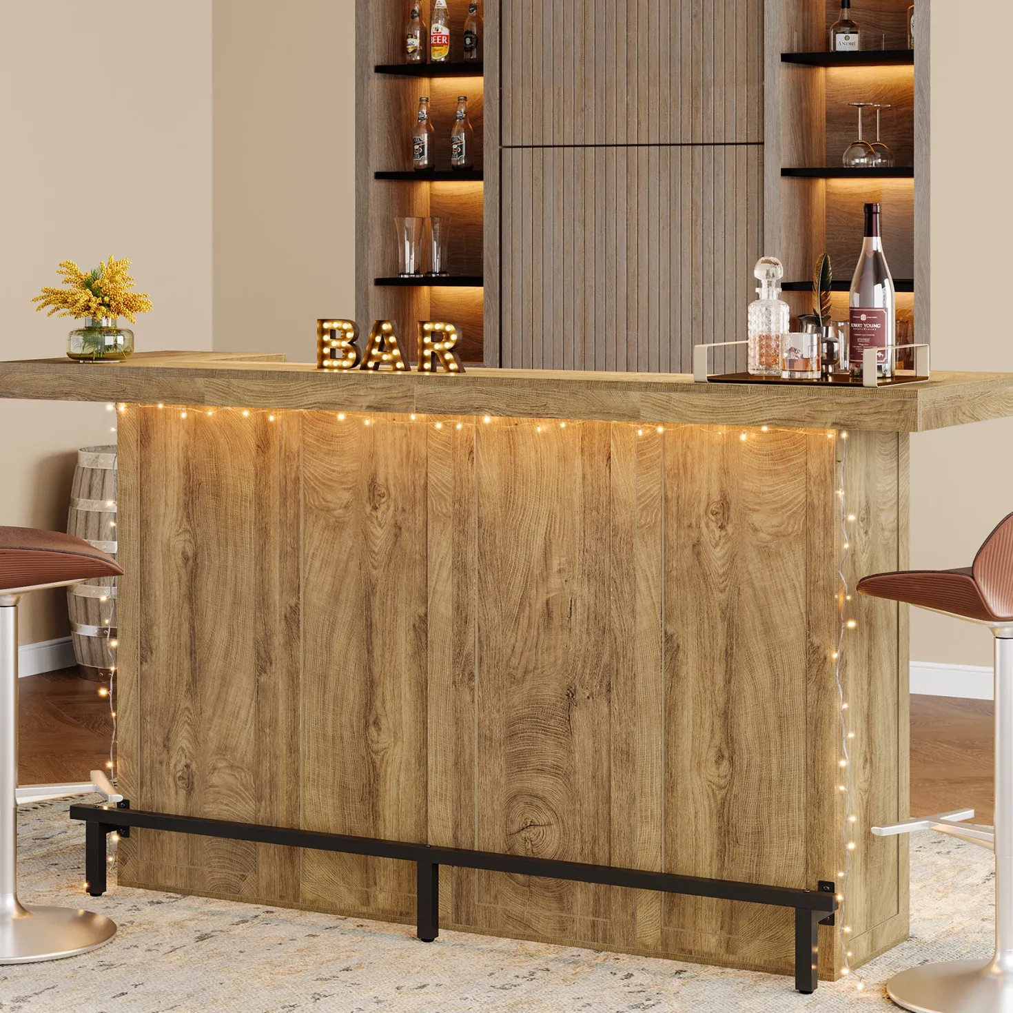 70.9" Bar Table, Modern Liquor Cabinet with 4-Tier Storage Shelves