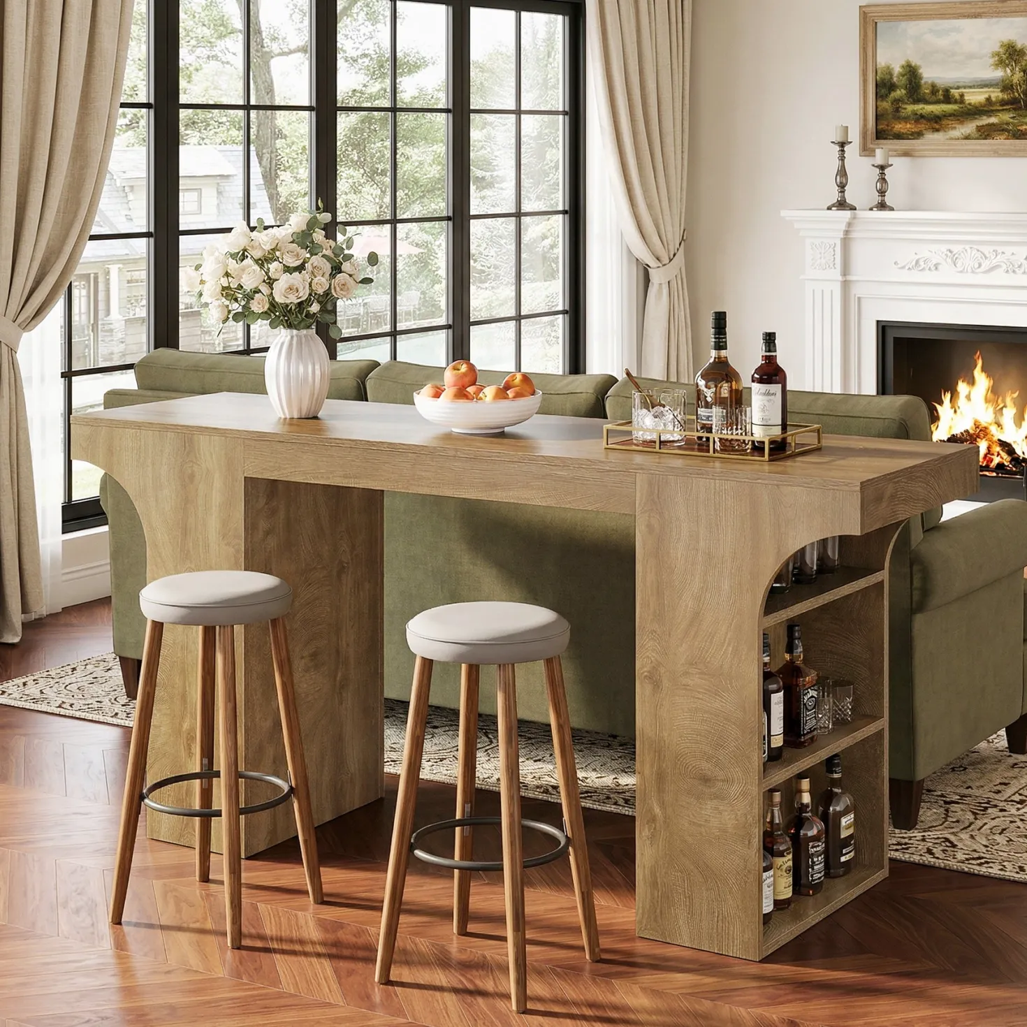 63" Bar Table, Rectangular Counter Height Pub Table with Storage Shelves