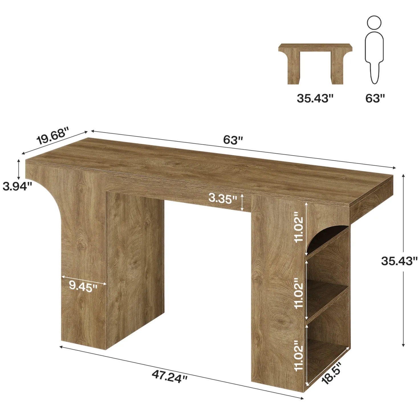 63" Bar Table, Rectangular Counter Height Pub Table with Storage Shelves