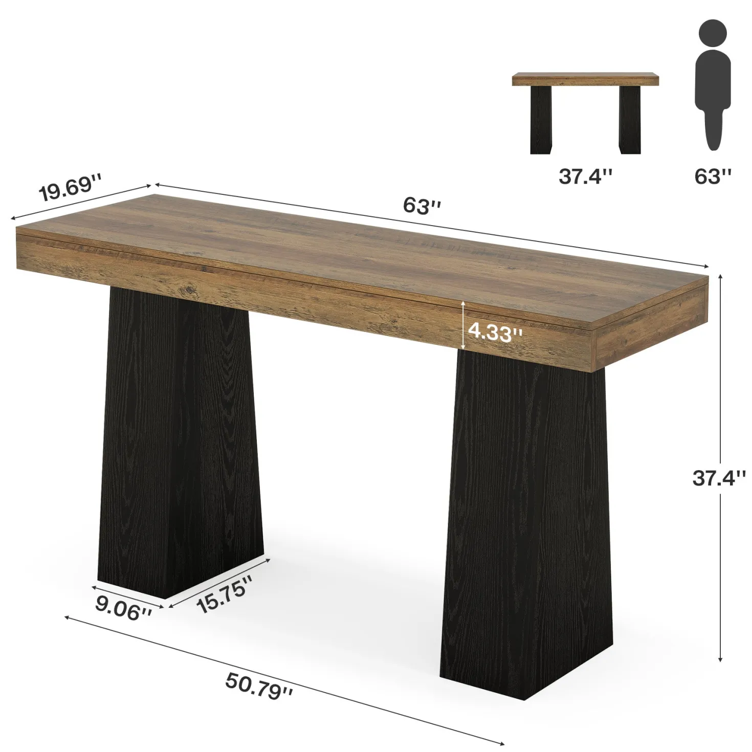 63" Bar Table, Rectangular Counter Height Pub Table with Thickened Tabletop