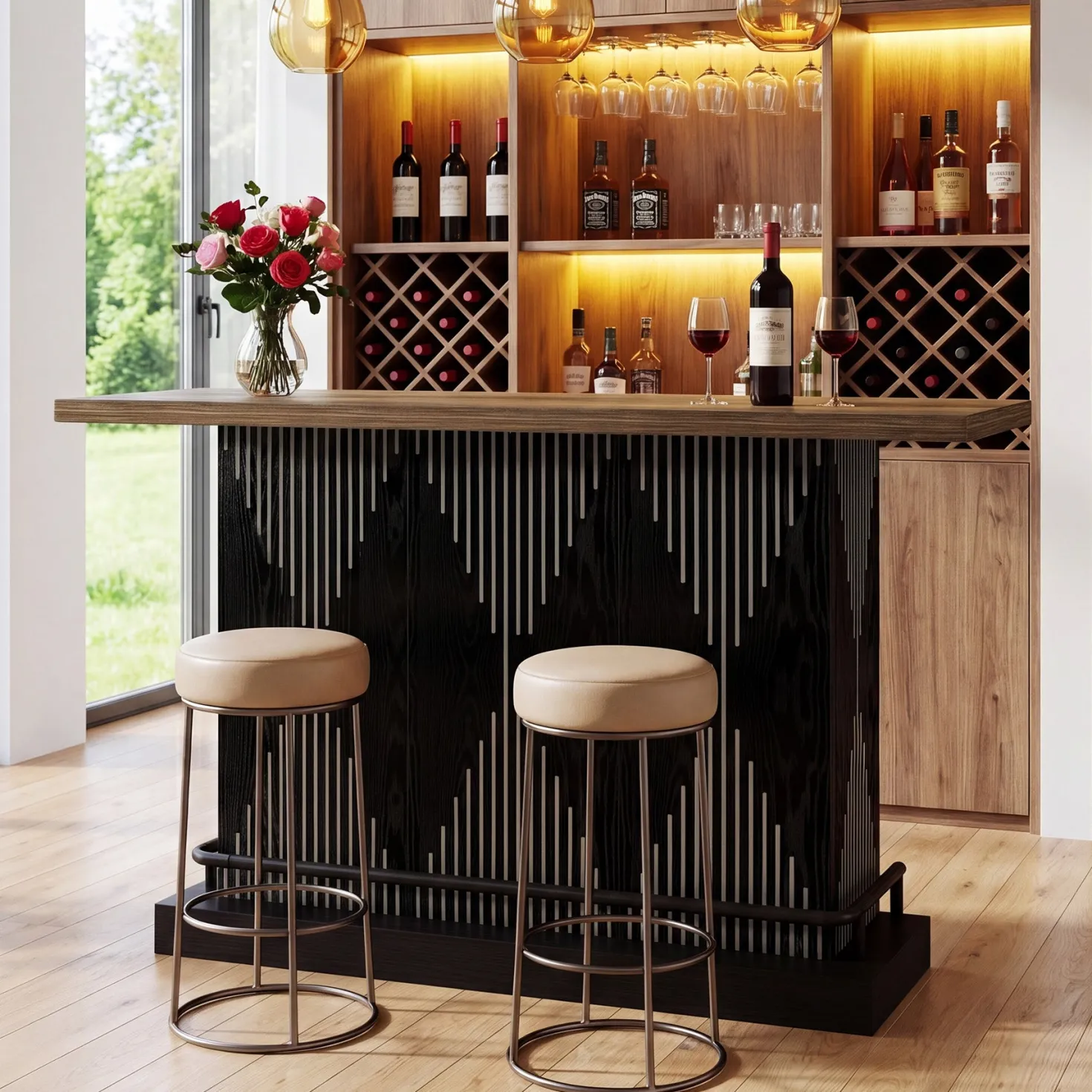 63" Bar Table, Rectangular Home Bar Unit with 2-Tier Storage Shelf for Kitchen
