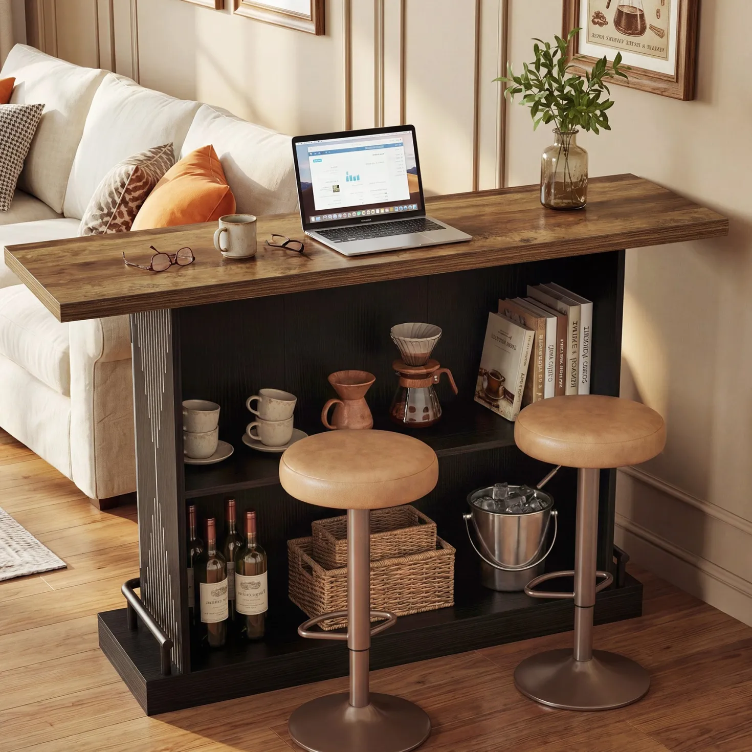 63" Bar Table, Rectangular Home Bar Unit with 2-Tier Storage Shelf for Kitchen
