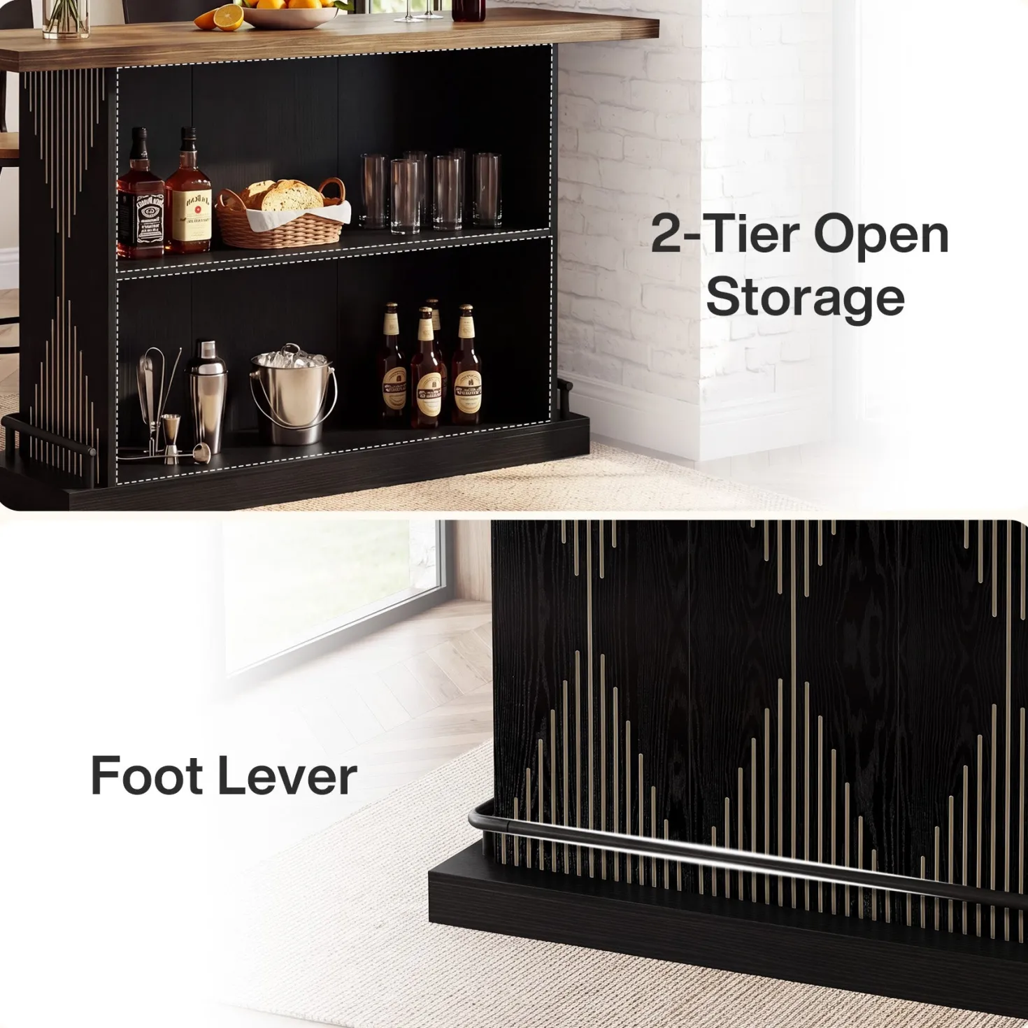 63" Bar Table, Rectangular Home Bar Unit with 2-Tier Storage Shelf for Kitchen