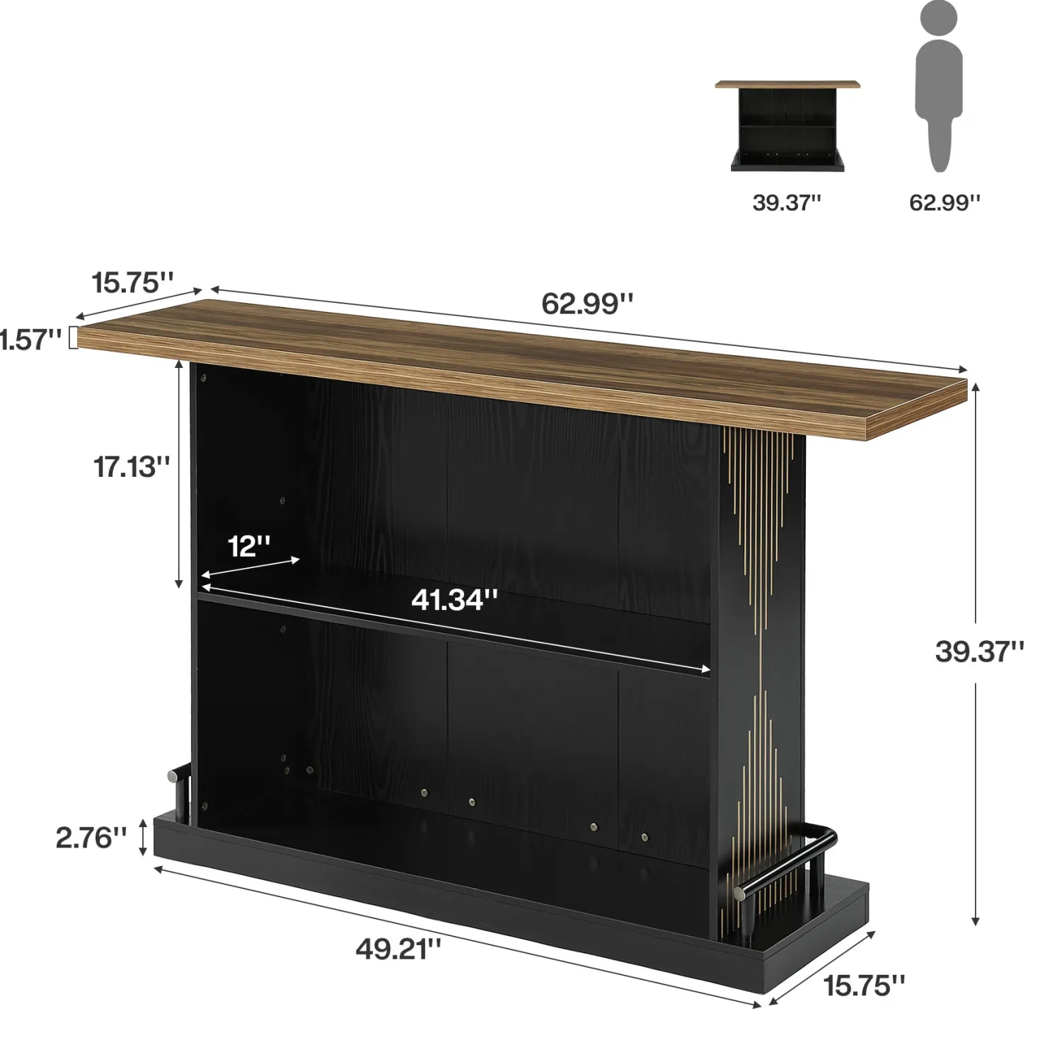 63" Bar Table, Rectangular Home Bar Unit with 2-Tier Storage Shelf for Kitchen
