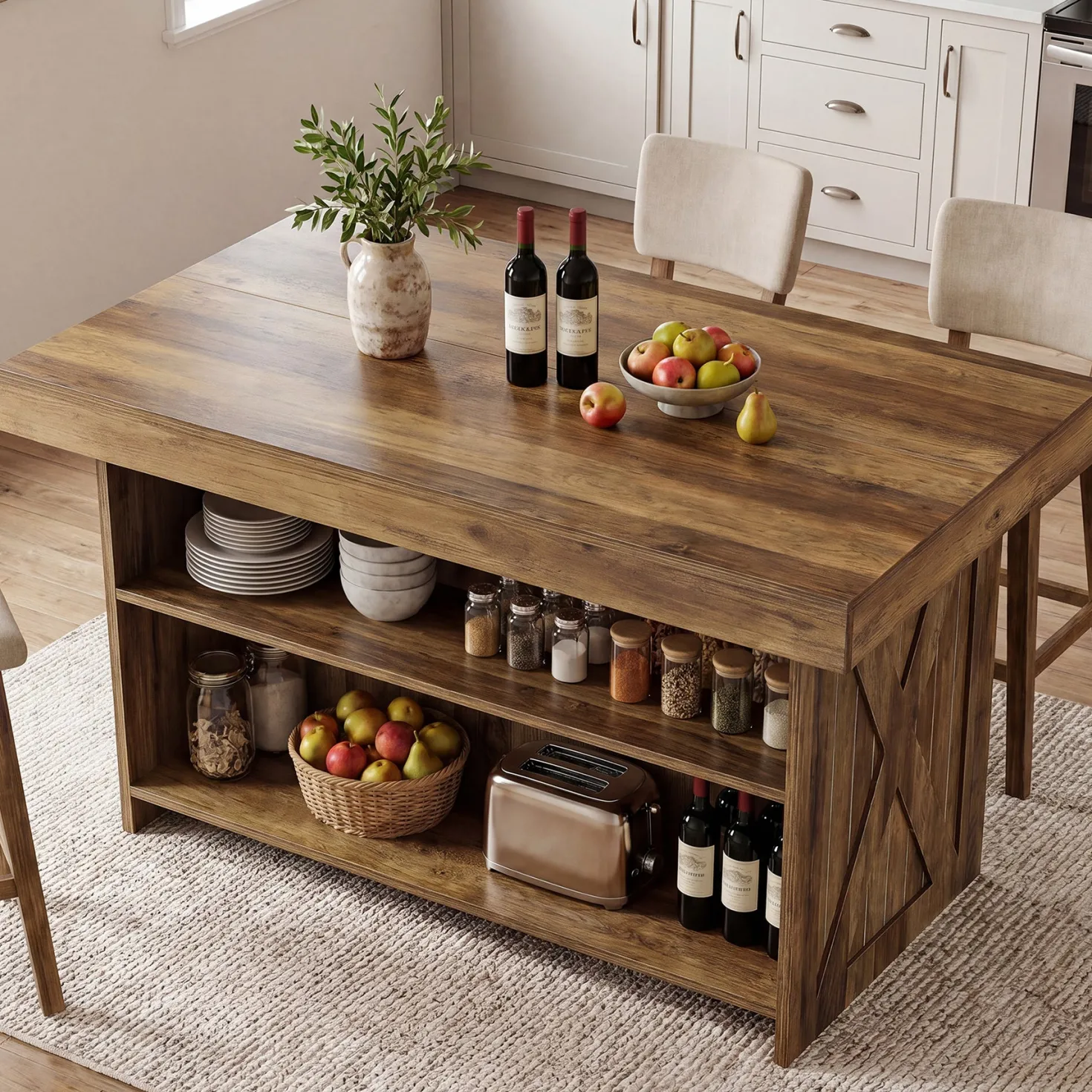 55.12" Bar Table, 3-Tier Home Bar Unit with Storage Shelves for Kitchen