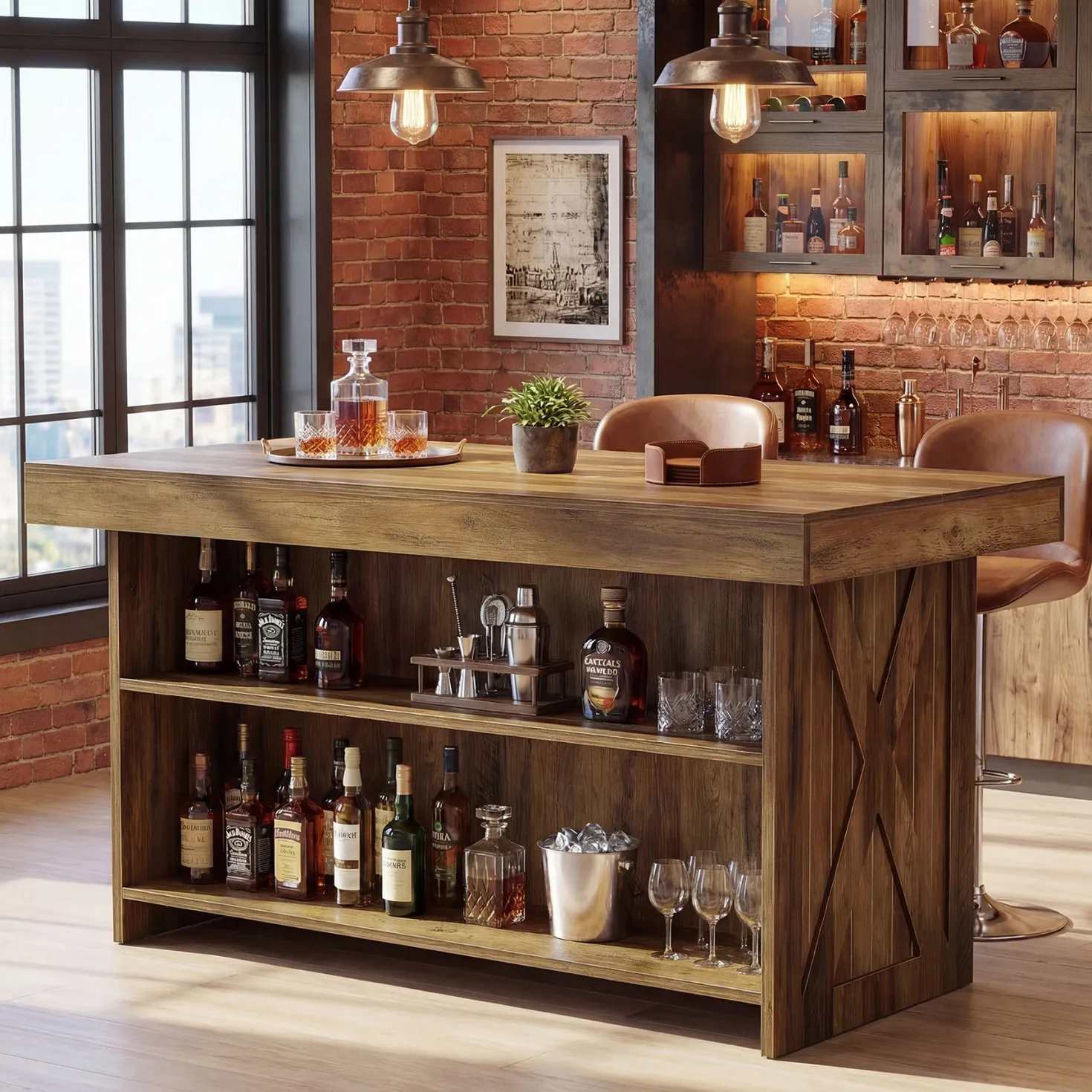 55.12" Bar Table, 3-Tier Home Bar Unit with Storage Shelves for Kitchen
