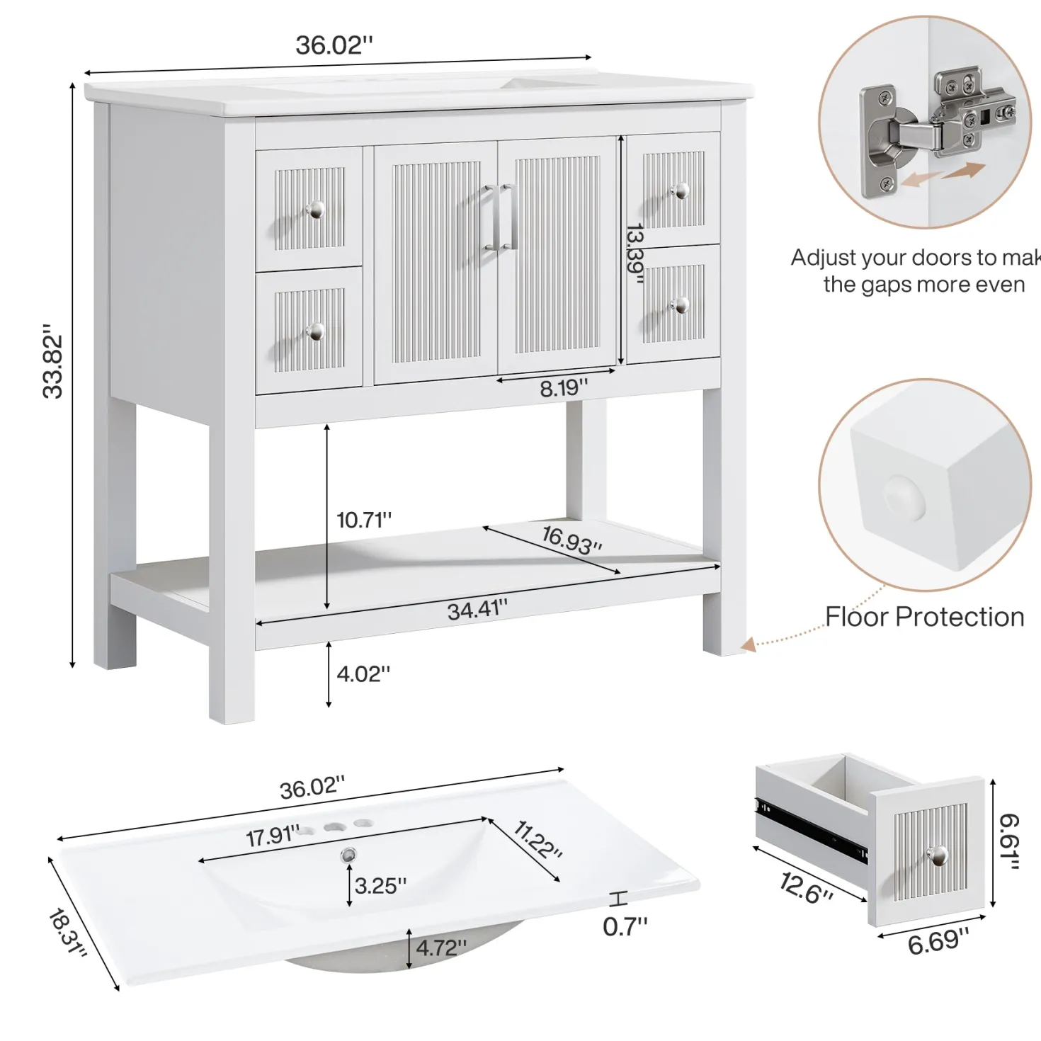 24" Bathroom Vanity, Modern Bathroom Sink Cabinet with Ceramic Basin and 2 Doors