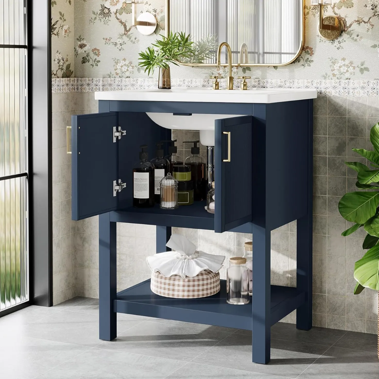 24" Bathroom Vanity, Modern Bathroom Sink Cabinet with Ceramic Basin and 2 Doors