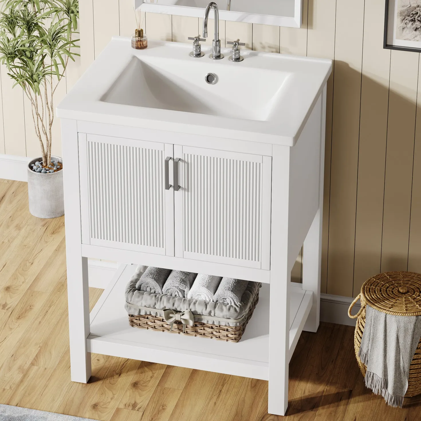 24" Bathroom Vanity, Modern Bathroom Sink Cabinet with Ceramic Basin and 2 Doors