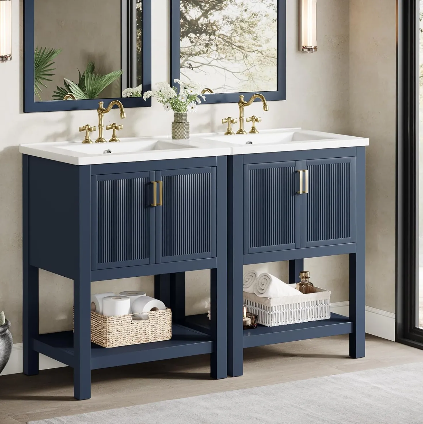 24" Bathroom Vanity, Modern Bathroom Sink Cabinet with Ceramic Basin and 2 Doors