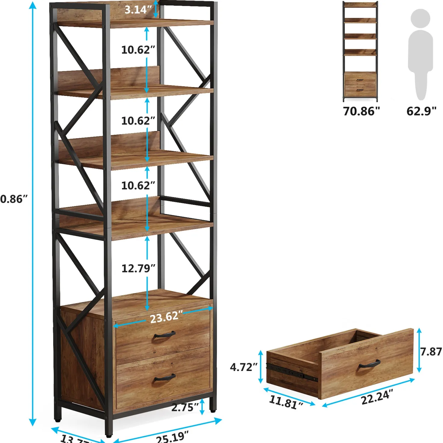 70.86" Bookshelf, Industrial 5-Tier Bookcase with 2 Drawers