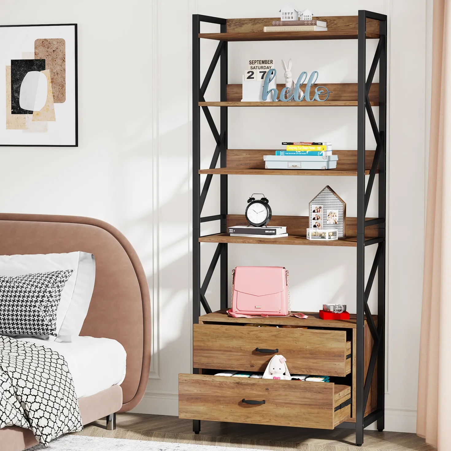 70.86" Bookshelf, Industrial 5-Tier Bookcase with 2 Drawers