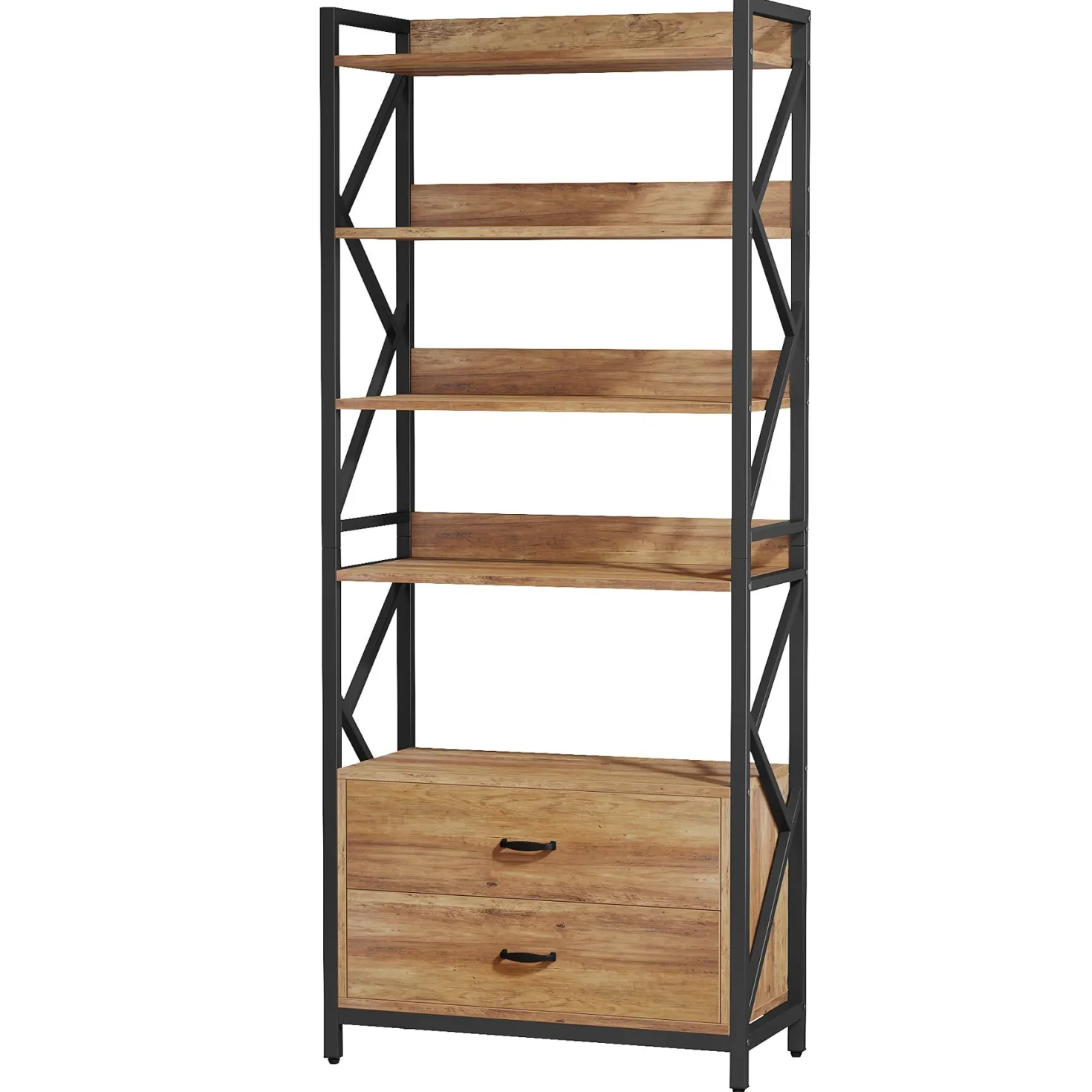 70.86" Bookshelf, Industrial 5-Tier Bookcase with 2 Drawers