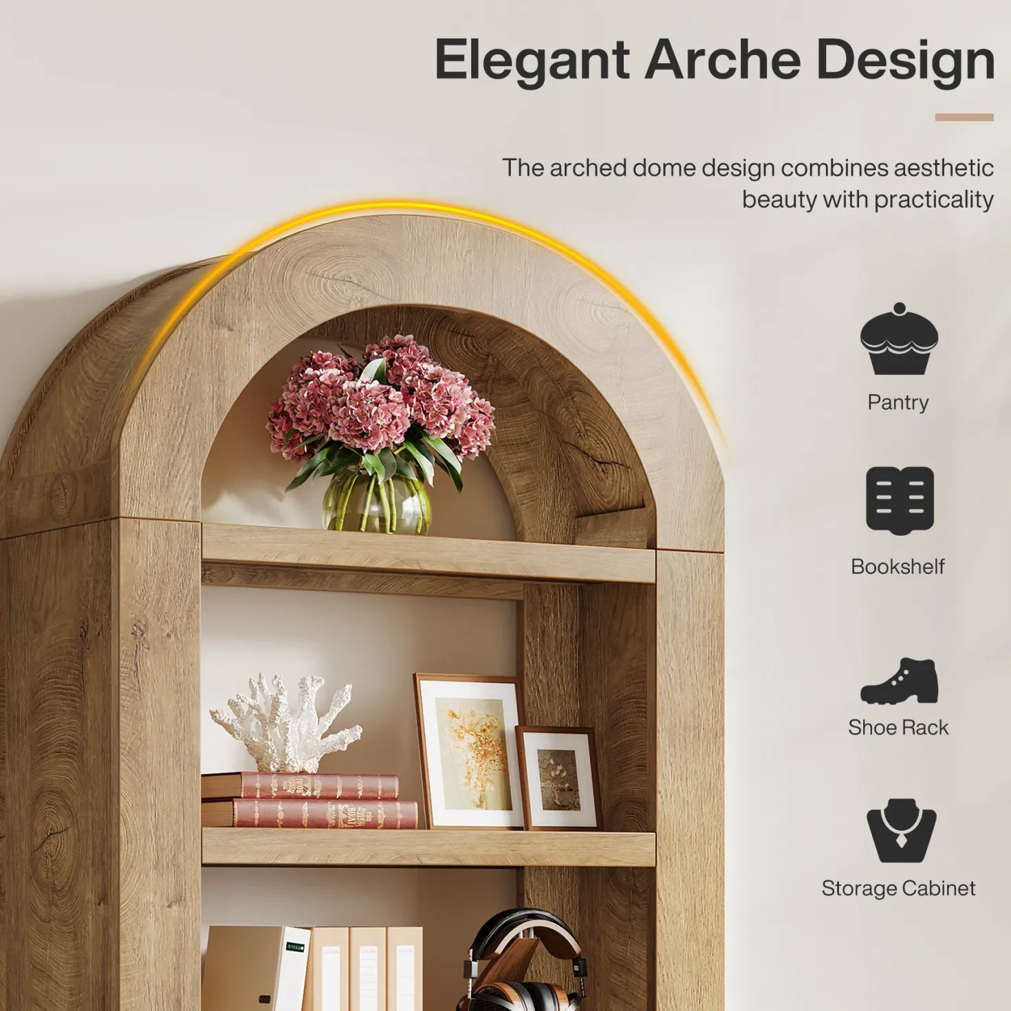 70.9" Bookshelf, 5-Tier Arched Bookcase Display Shelves Organizer
