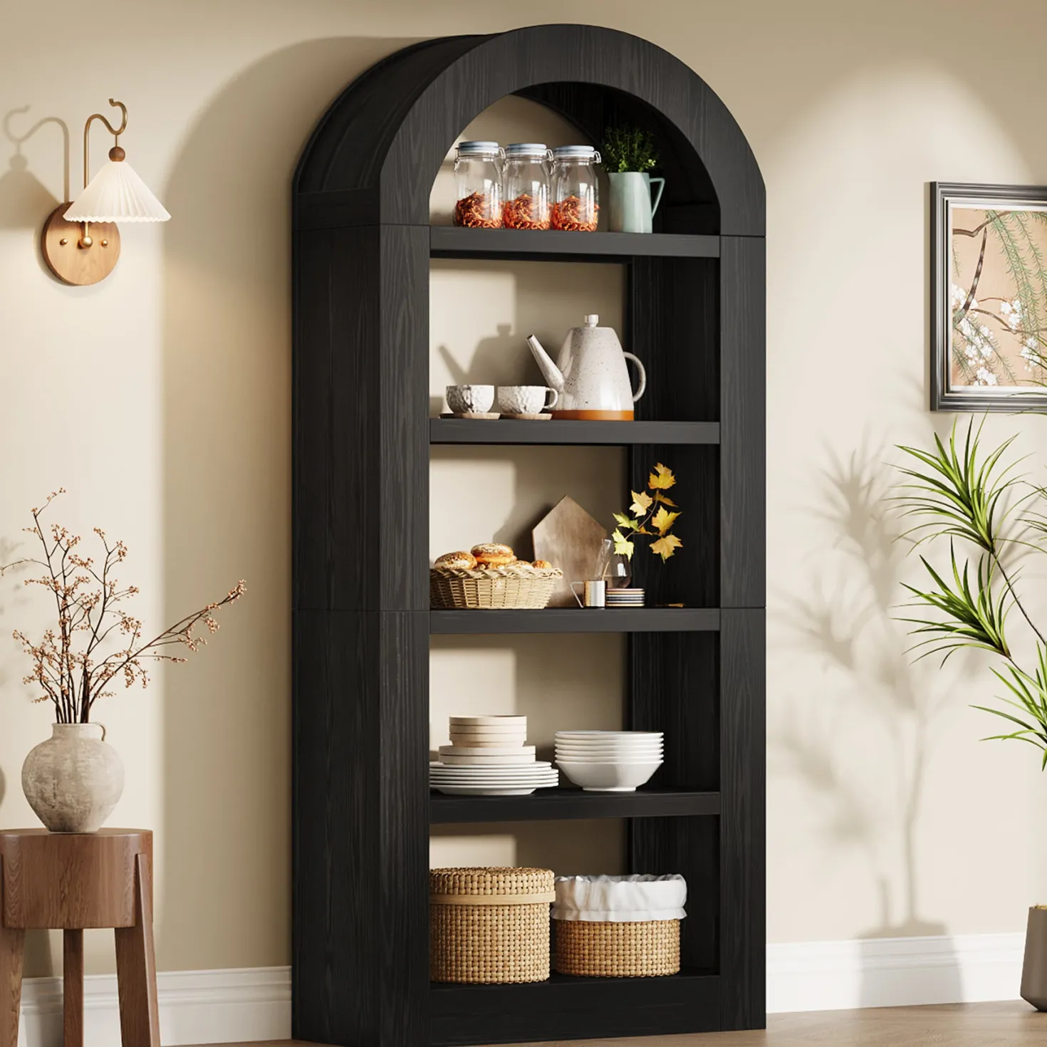 70.9" Bookshelf, 5-Tier Arched Bookcase Display Shelves Organizer