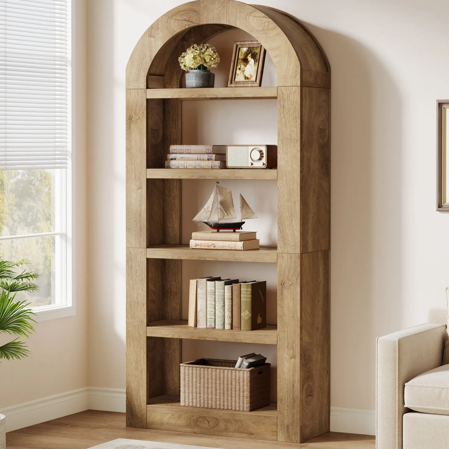 70.9" Bookshelf, 5-Tier Arched Bookcase Display Shelves Organizer