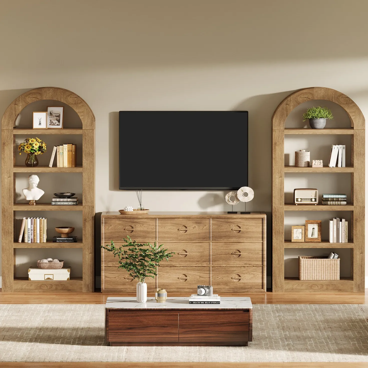 70.9" Bookshelf, 5-Tier Arched Bookcase Display Shelves Organizer