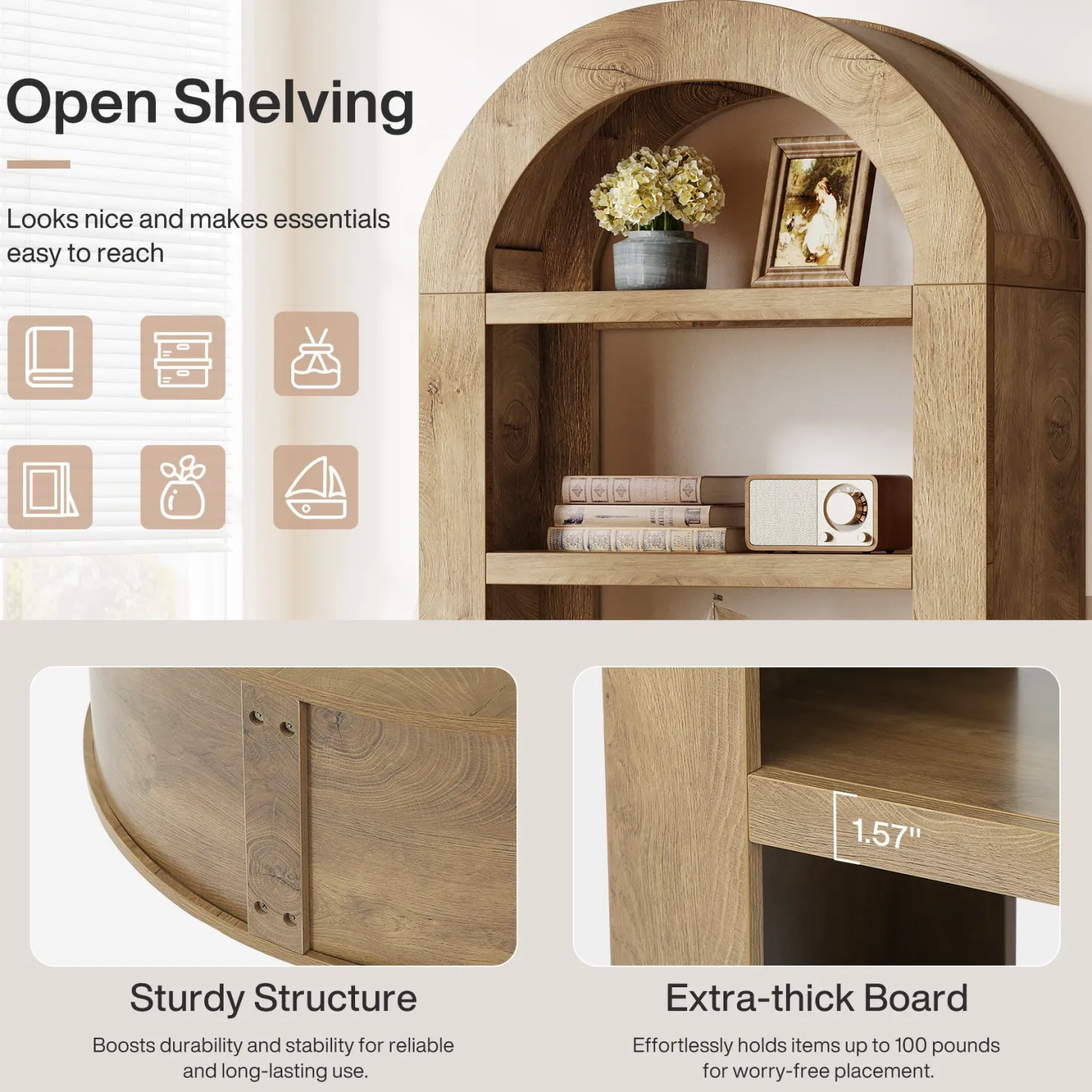 70.9" Bookshelf, 5-Tier Arched Bookcase Display Shelves Organizer