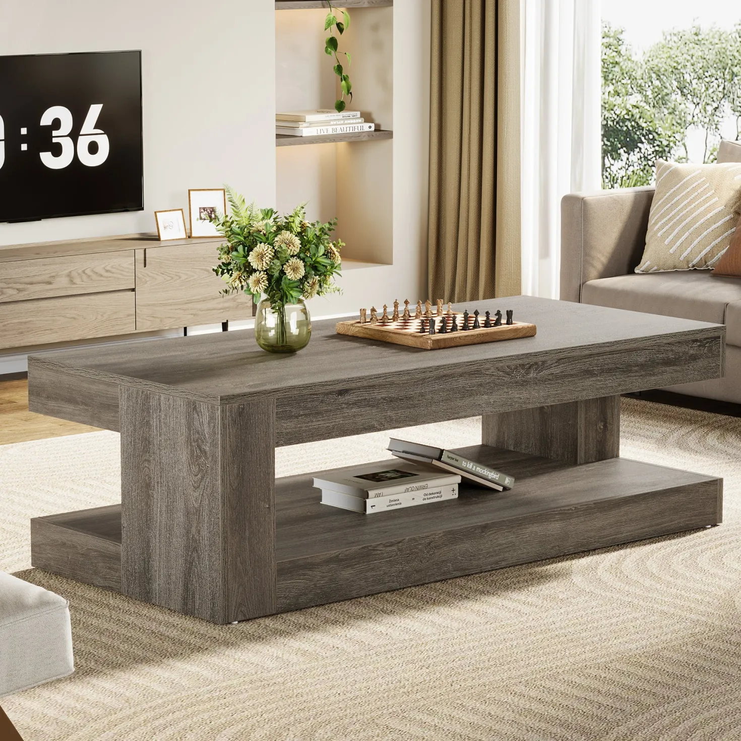 47.24" Coffee Table, Farmhouse 2-Tier Tea Cocktail Table with Storage