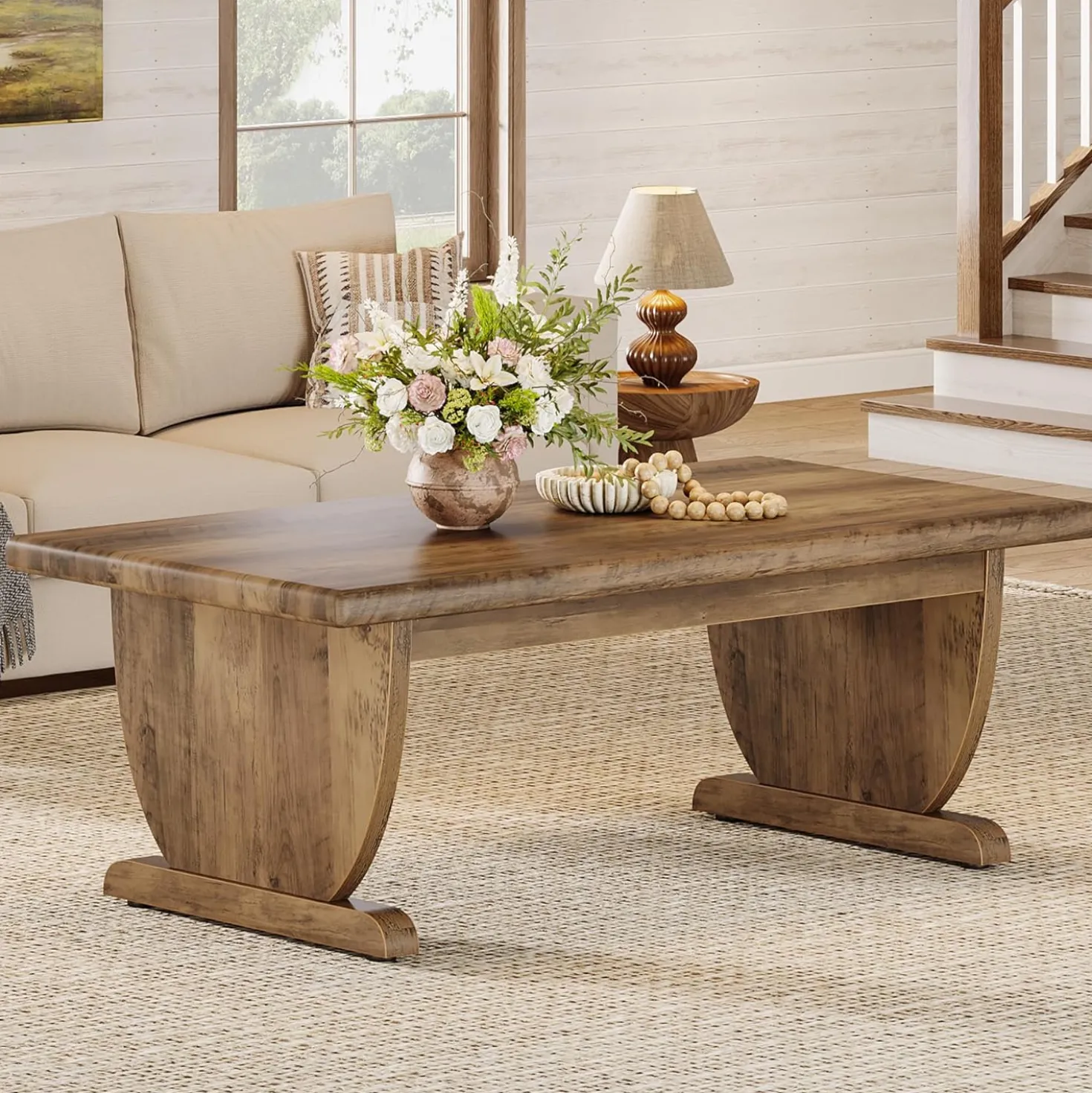 47.2" Coffee Table, Rectangle Cocktail Tea Table with Sturdy Pedestal