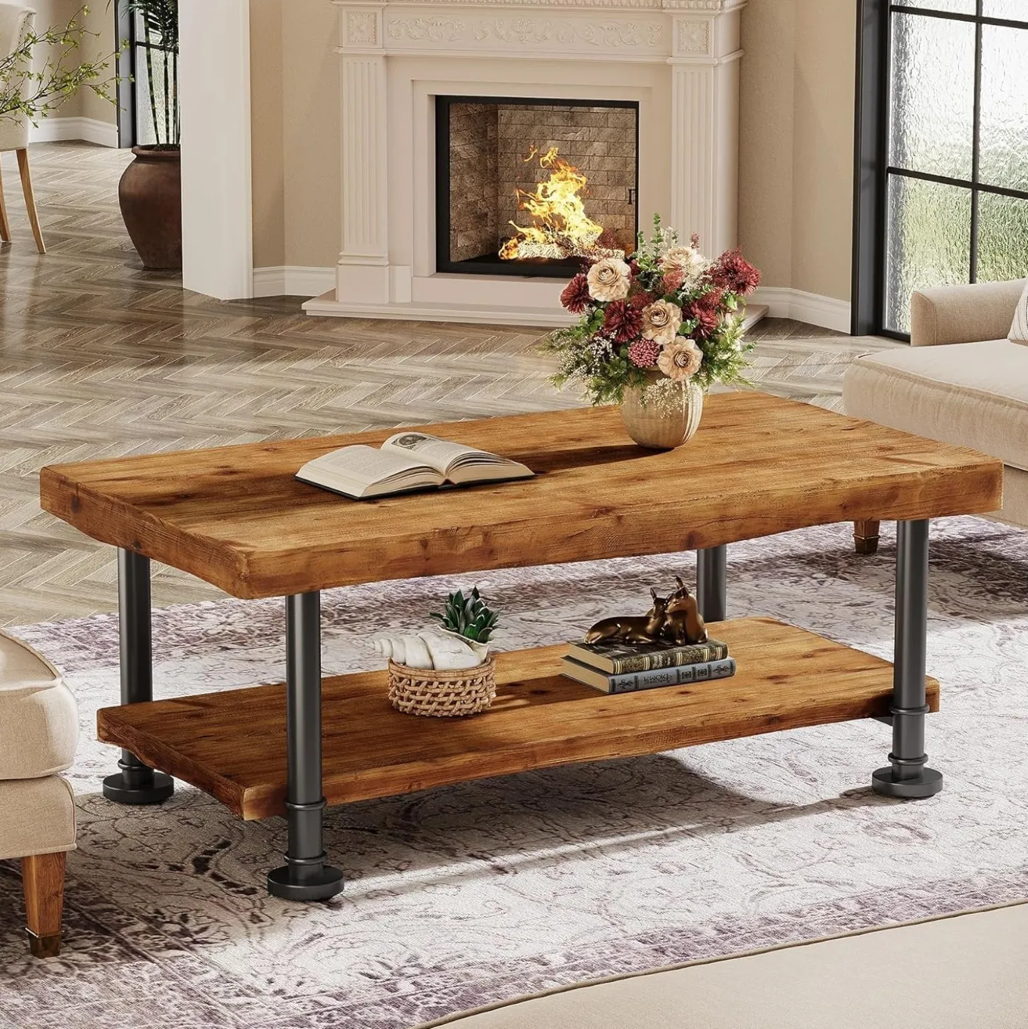 47" Coffee Table, Rectangular Wood Accent Center Table with 2-Tier Shelf