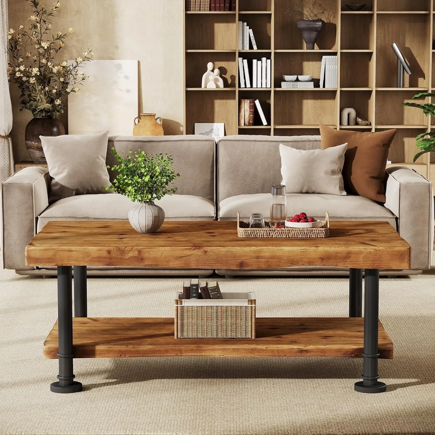 47" Coffee Table, Rectangular Wood Accent Center Table with 2-Tier Shelf