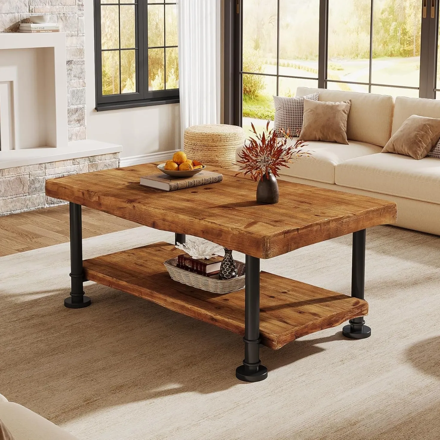 47" Coffee Table, Rectangular Wood Accent Center Table with 2-Tier Shelf