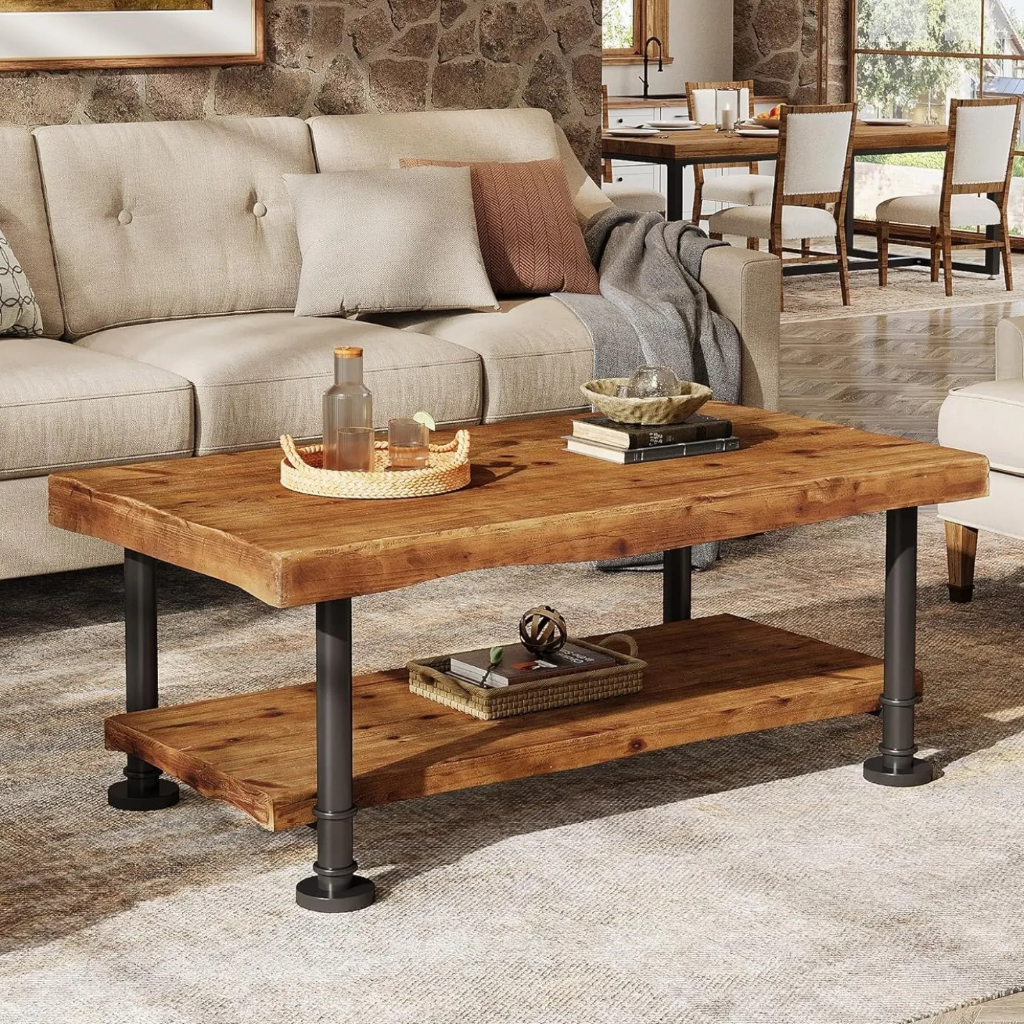 47" Coffee Table, Rectangular Wood Accent Center Table with 2-Tier Shelf