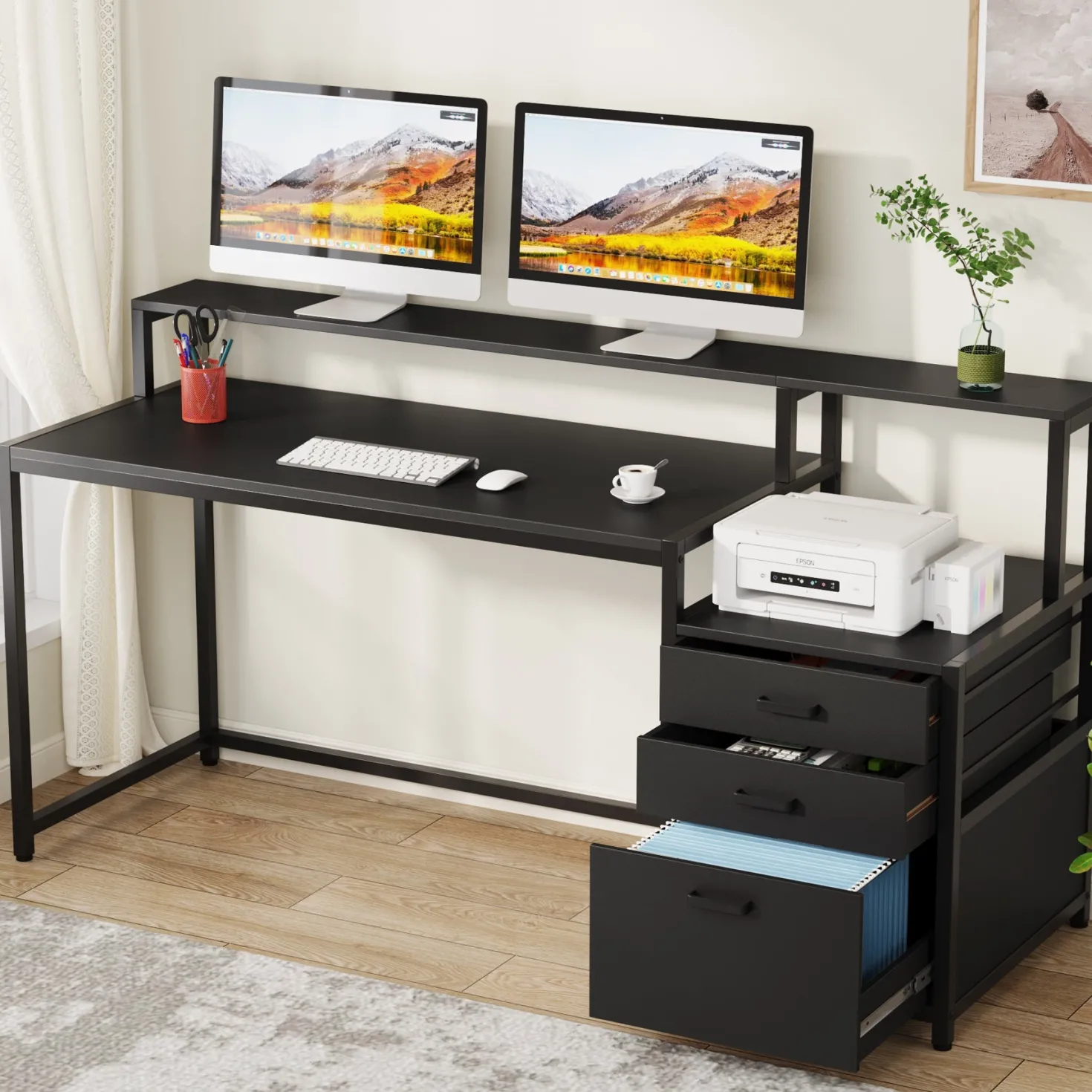 63" Computer Desk, Ergonomic Office Desk with Drawers & Monitor Stand