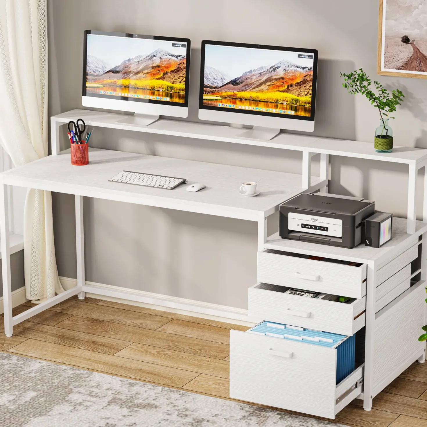 63" Computer Desk, Ergonomic Office Desk with Drawers & Monitor Stand