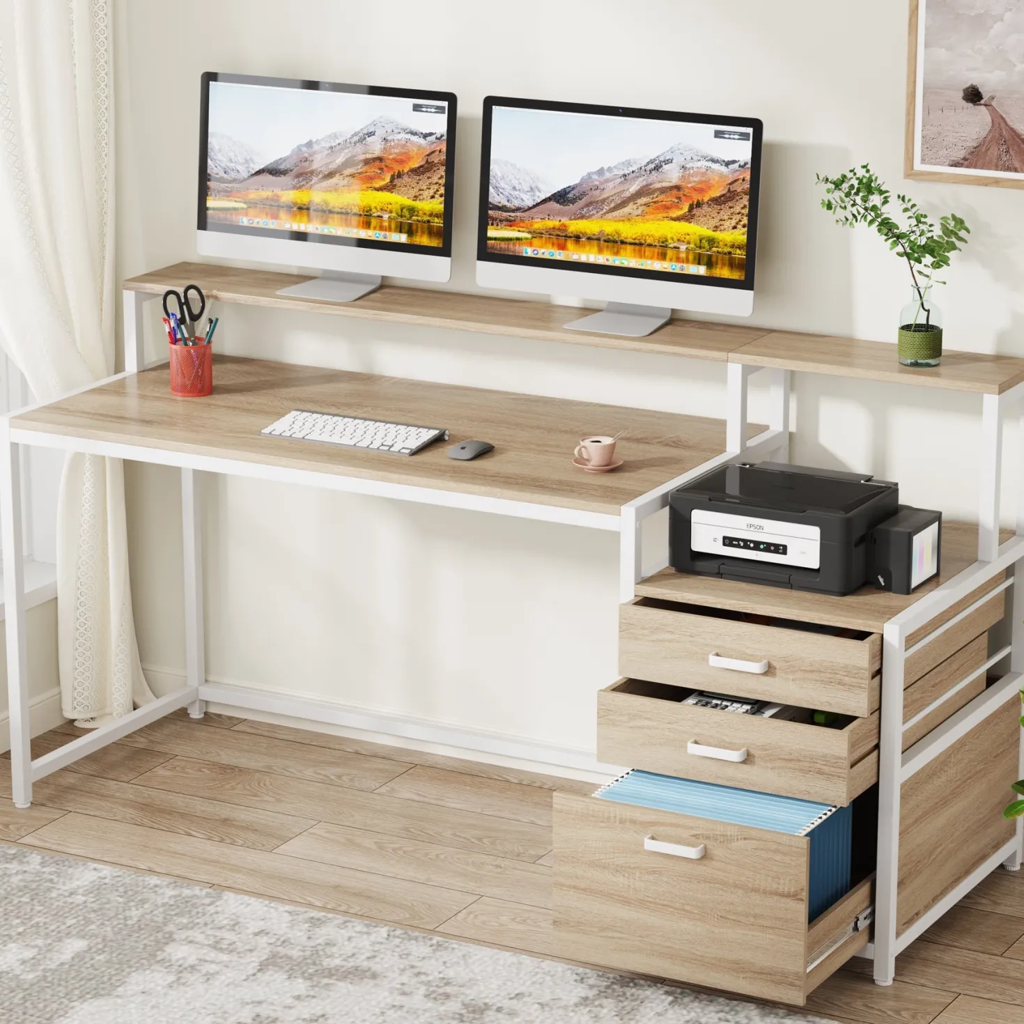 63" Computer Desk, Ergonomic Office Desk with Drawers & Monitor Stand