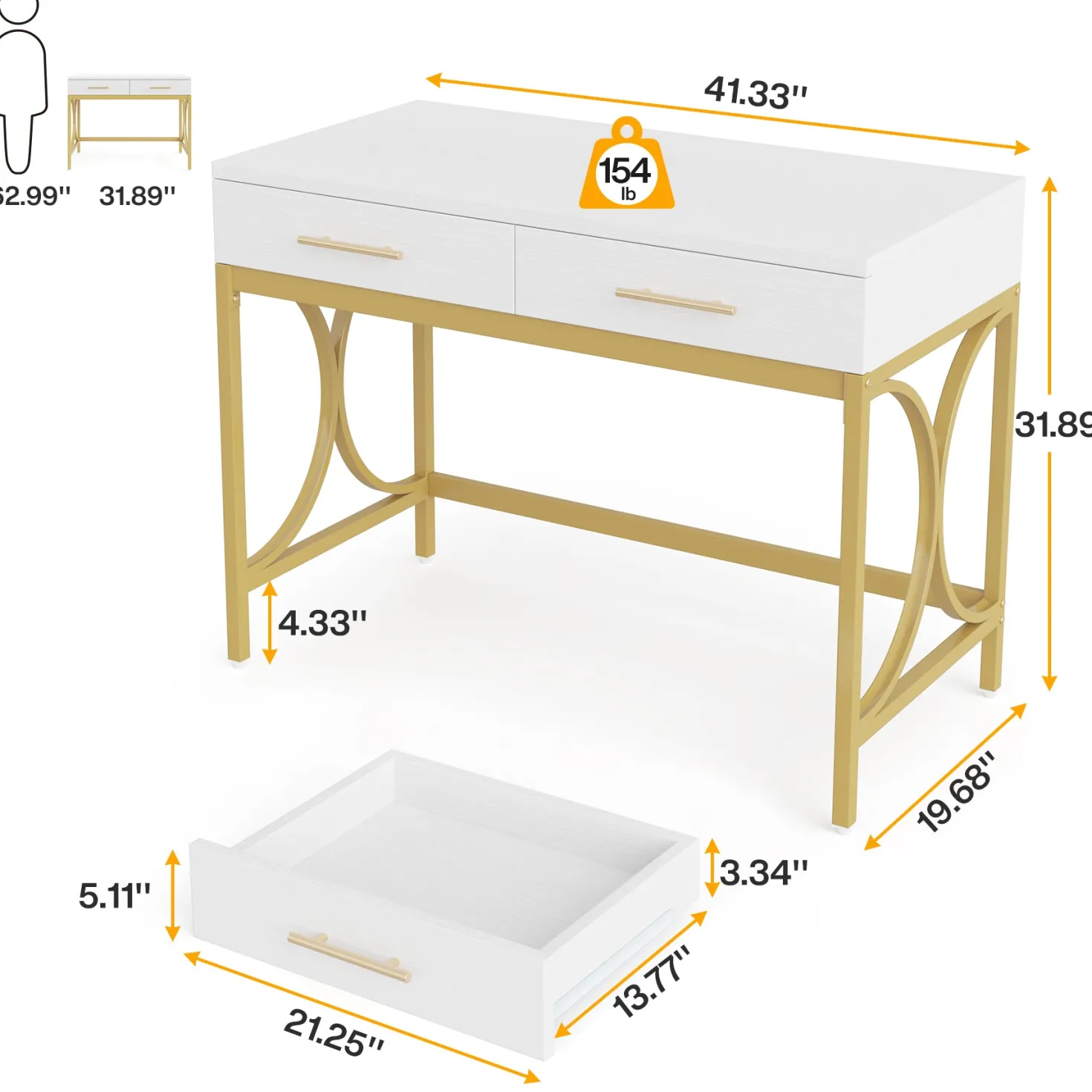 41" Computer Desk, Modern Home Office Writing Desk with 2 Drawers