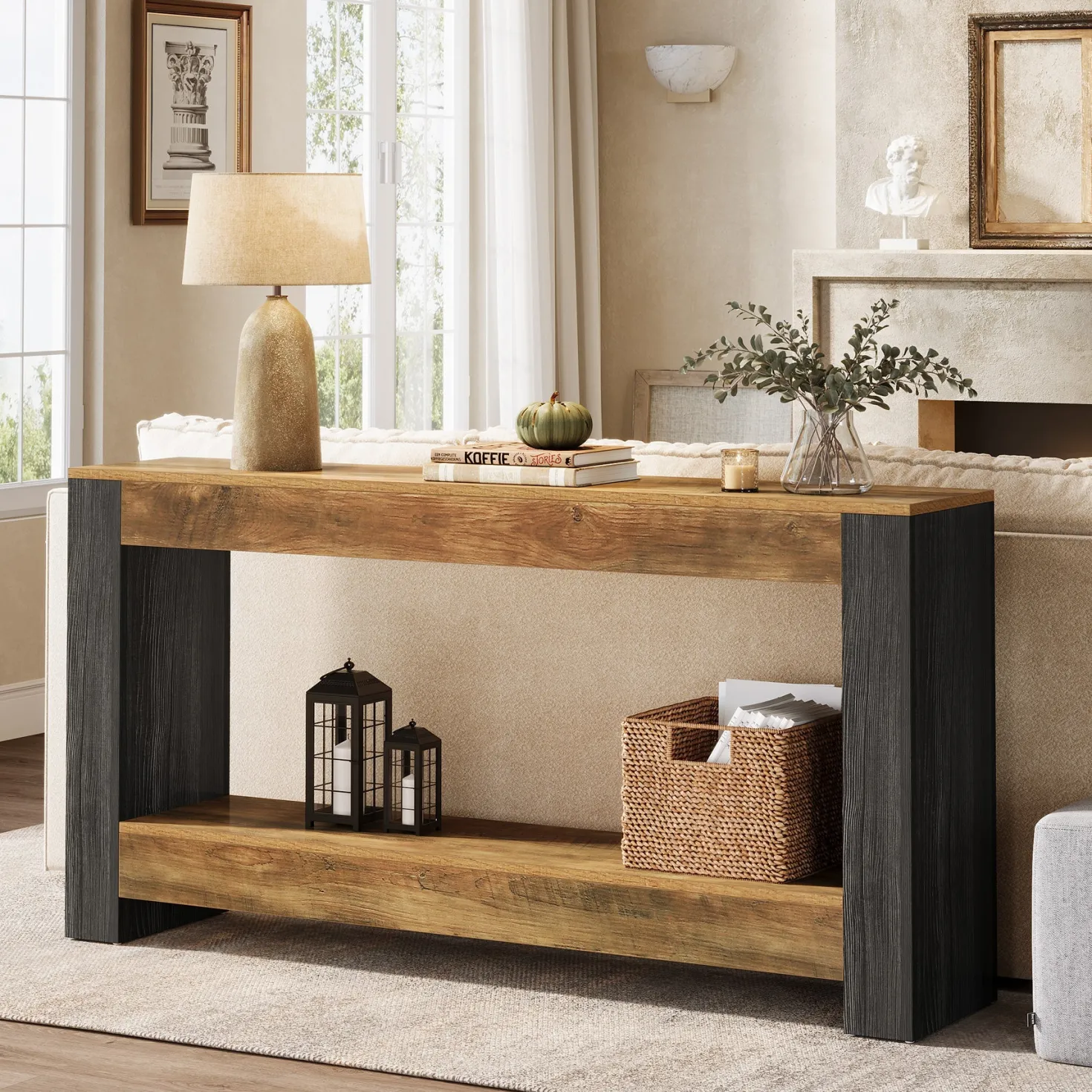 63" Console Table, Farmhouse Wood Sofa Table Behind Couch