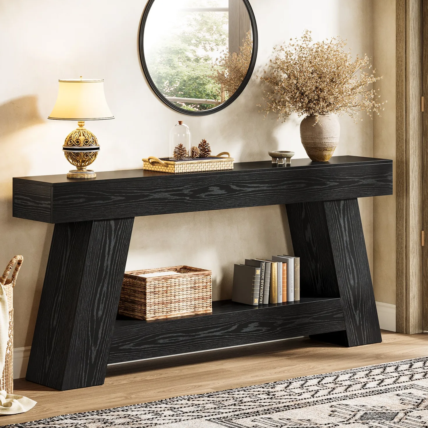 70.87" Console Table, Farmhouse 2-Tier Sofa Table with Open Storage Shelf
