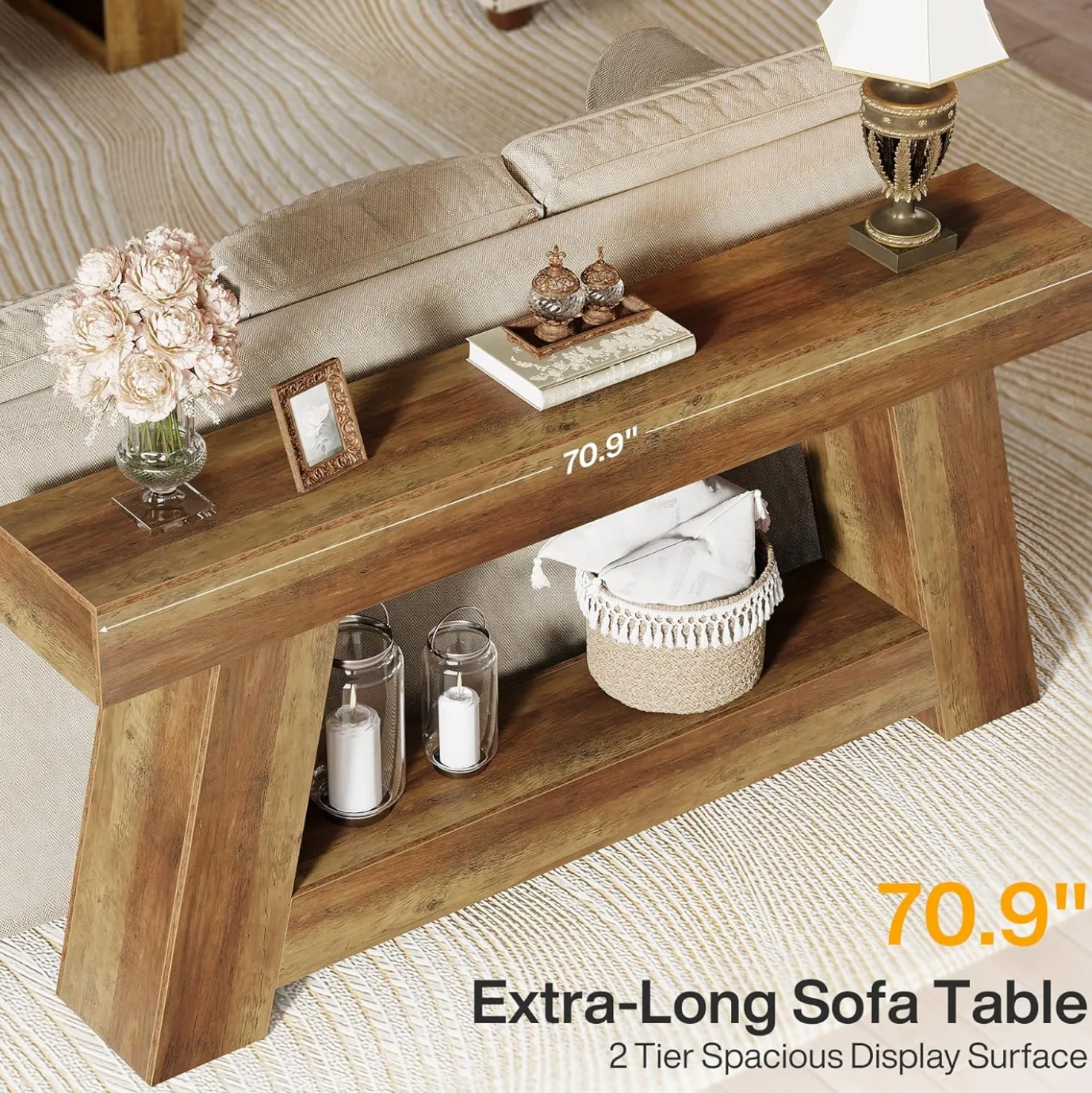 70.87" Console Table, Farmhouse 2-Tier Sofa Table with Open Storage Shelf