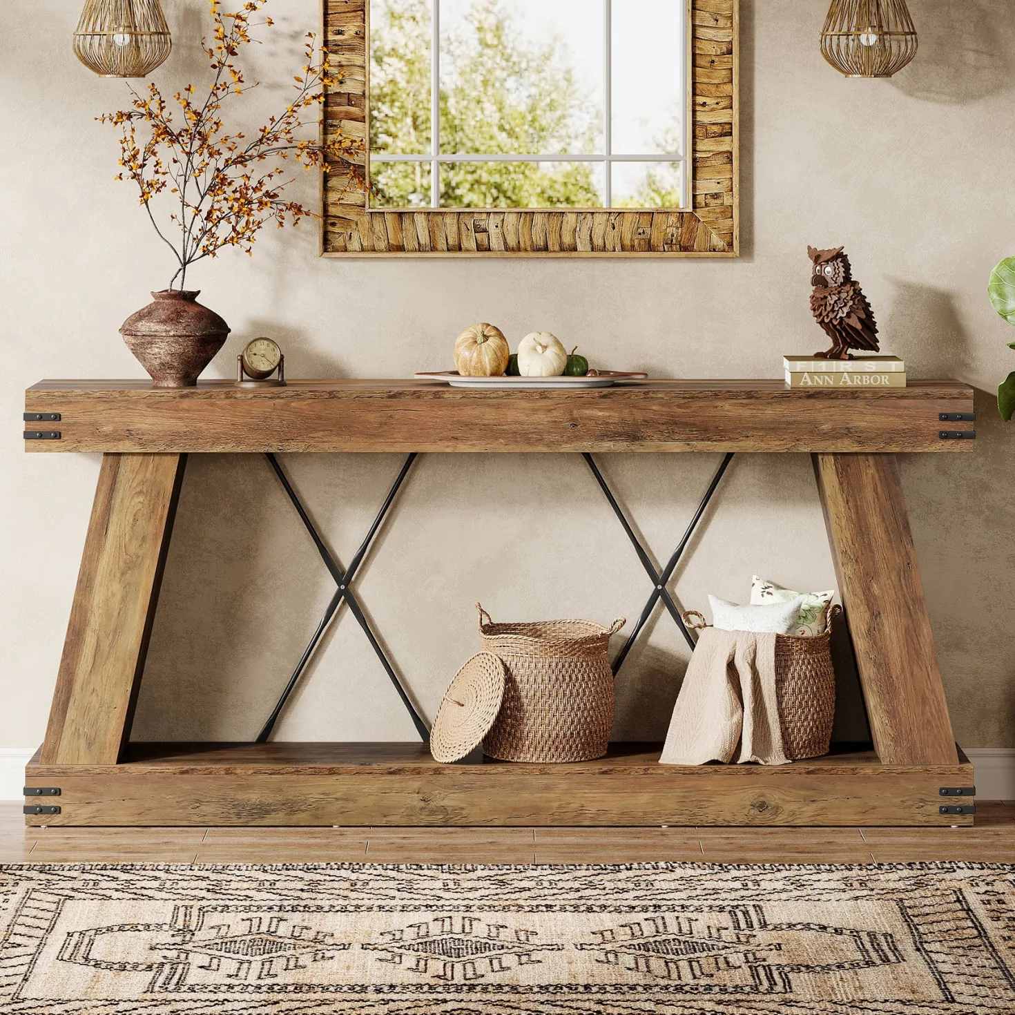 70.9" Console Table, Farmhouse Sofa Entryway Table with Sturdy Base