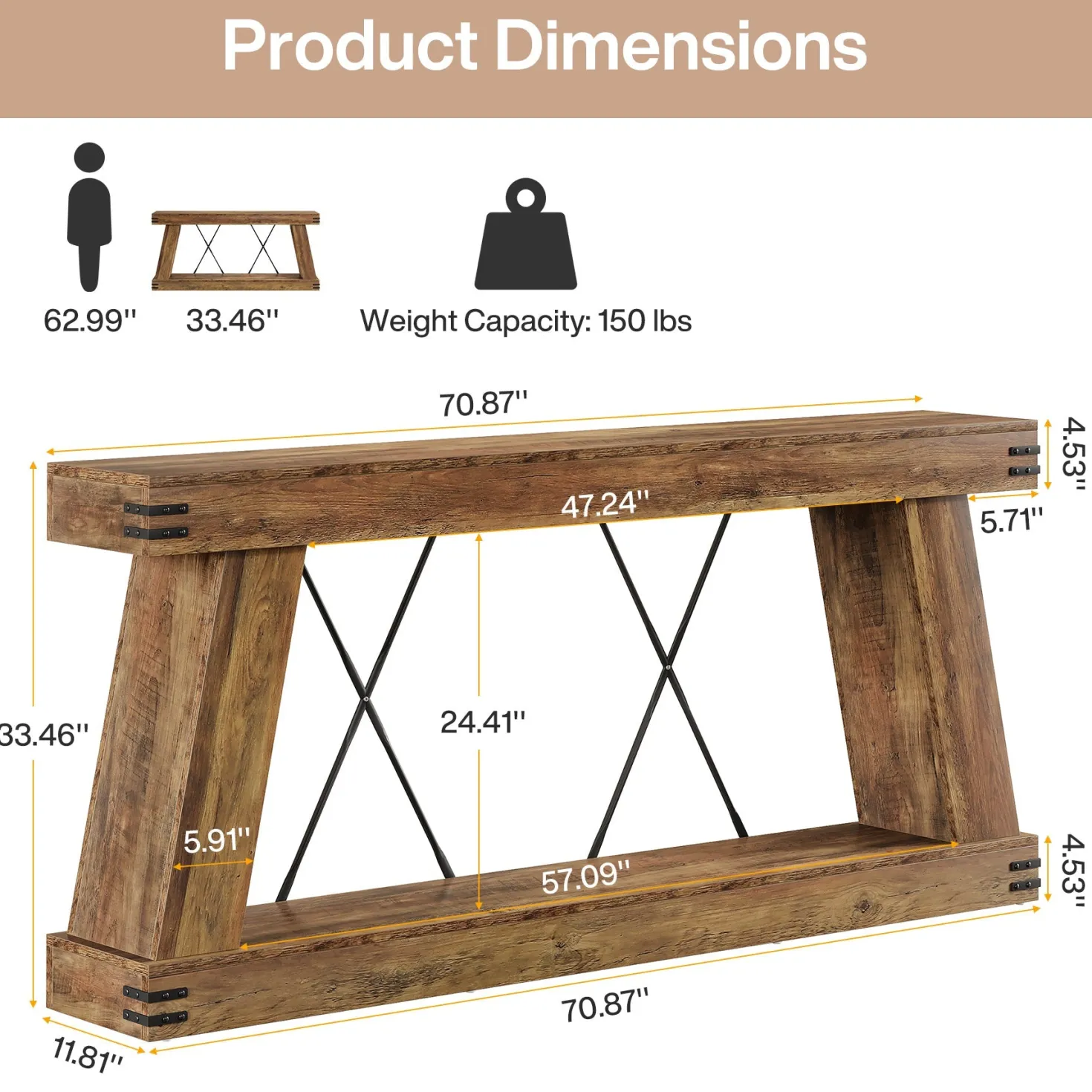 70.9" Console Table, Farmhouse Sofa Entryway Table with Sturdy Base
