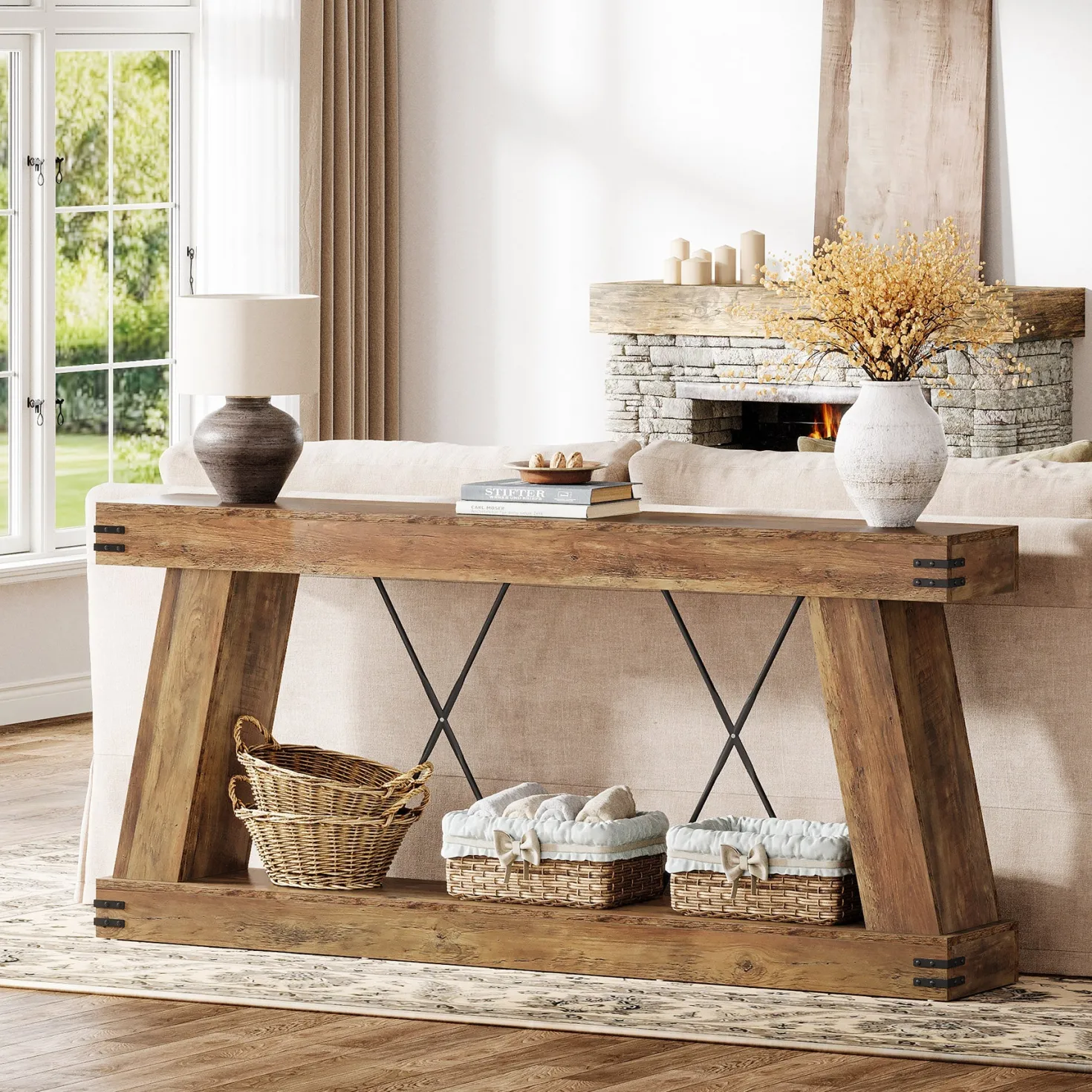 70.9" Console Table, Farmhouse Sofa Entryway Table with Sturdy Base