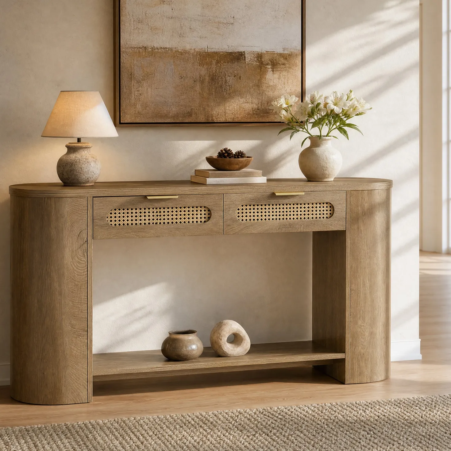 55" Console Table, Farmhouse Entryway Sofa Table With 2 Rattan Drawers & Shelf
