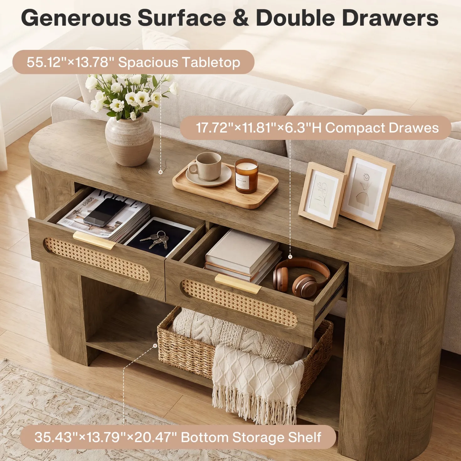 55" Console Table, Farmhouse Entryway Sofa Table With 2 Rattan Drawers & Shelf
