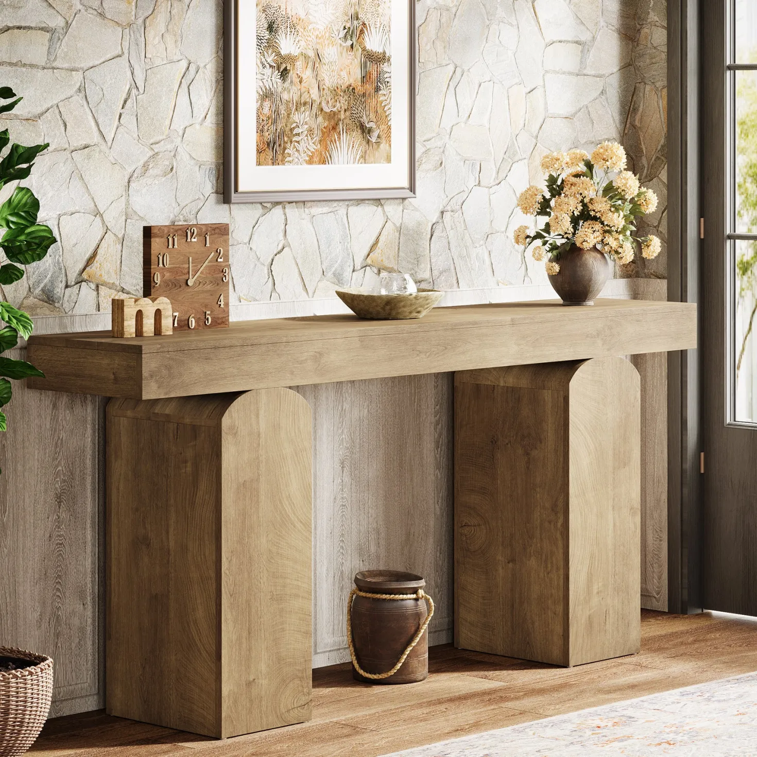 63" Console Table, Farmhouse Entryway Table with 2 Arched Pedestal Legs