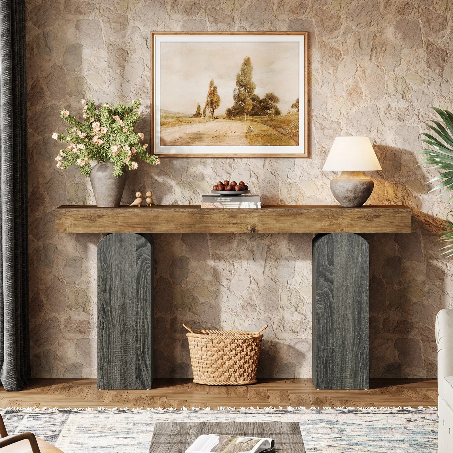 63" Console Table, Farmhouse Entryway Table with 2 Arched Pedestal Legs